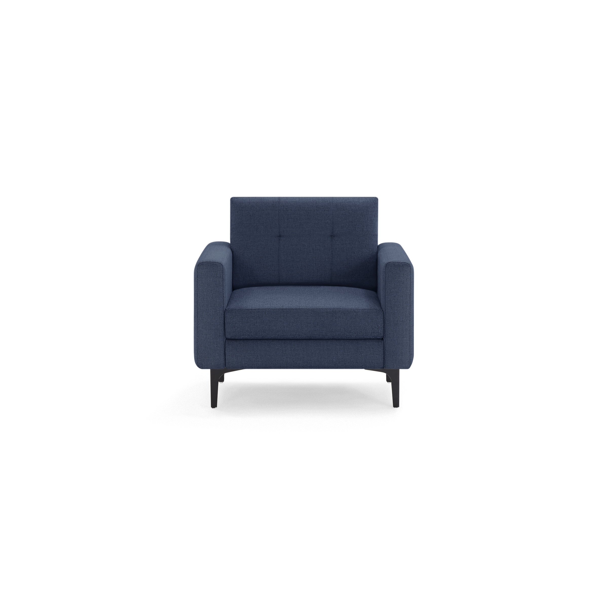 Dark blue upholstered armchair with cushioned seat and backrest, supported by black metal legs, modern and minimalist design.