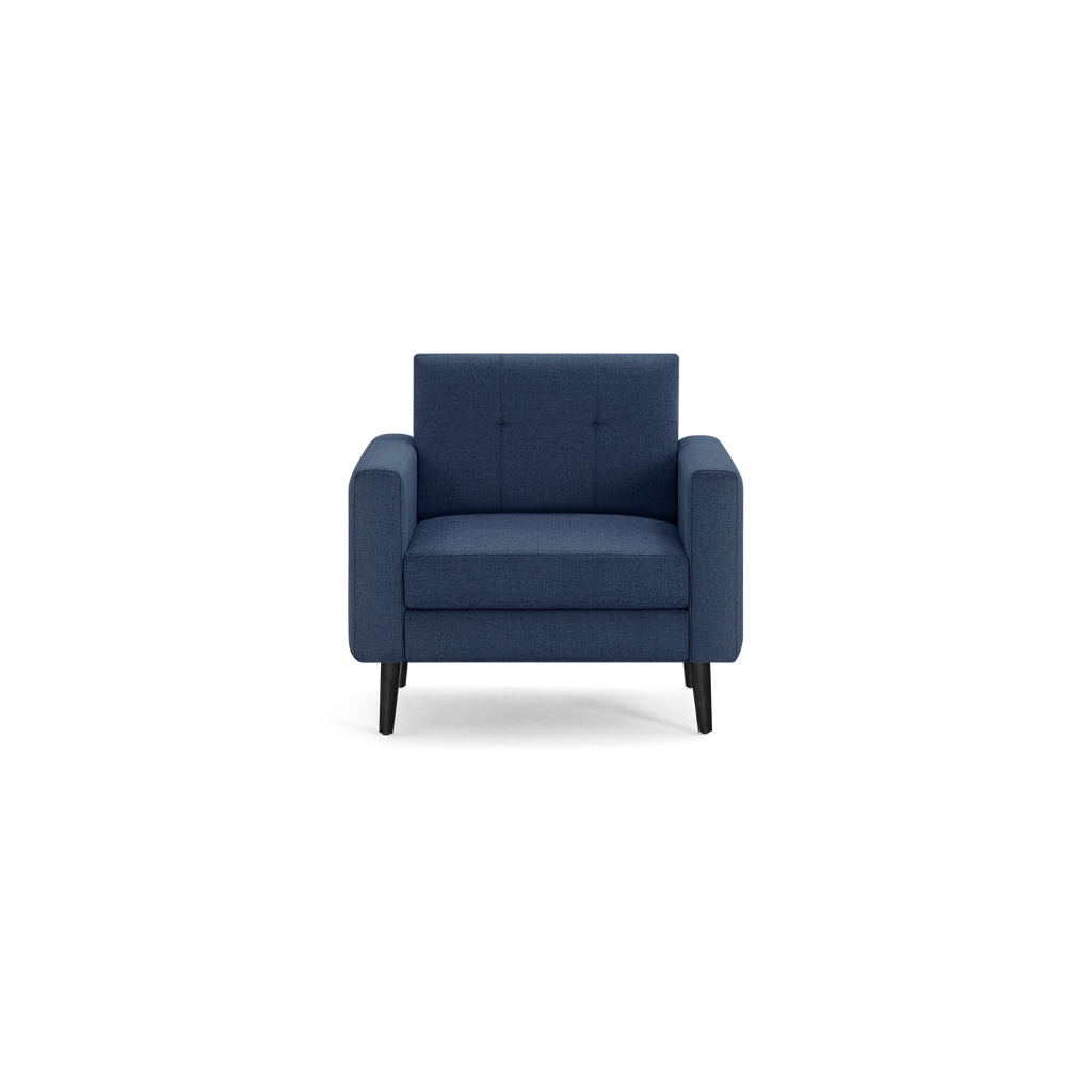 Modern navy blue fabric armchair with cushioned back and seat, square arms, and black wooden legs.