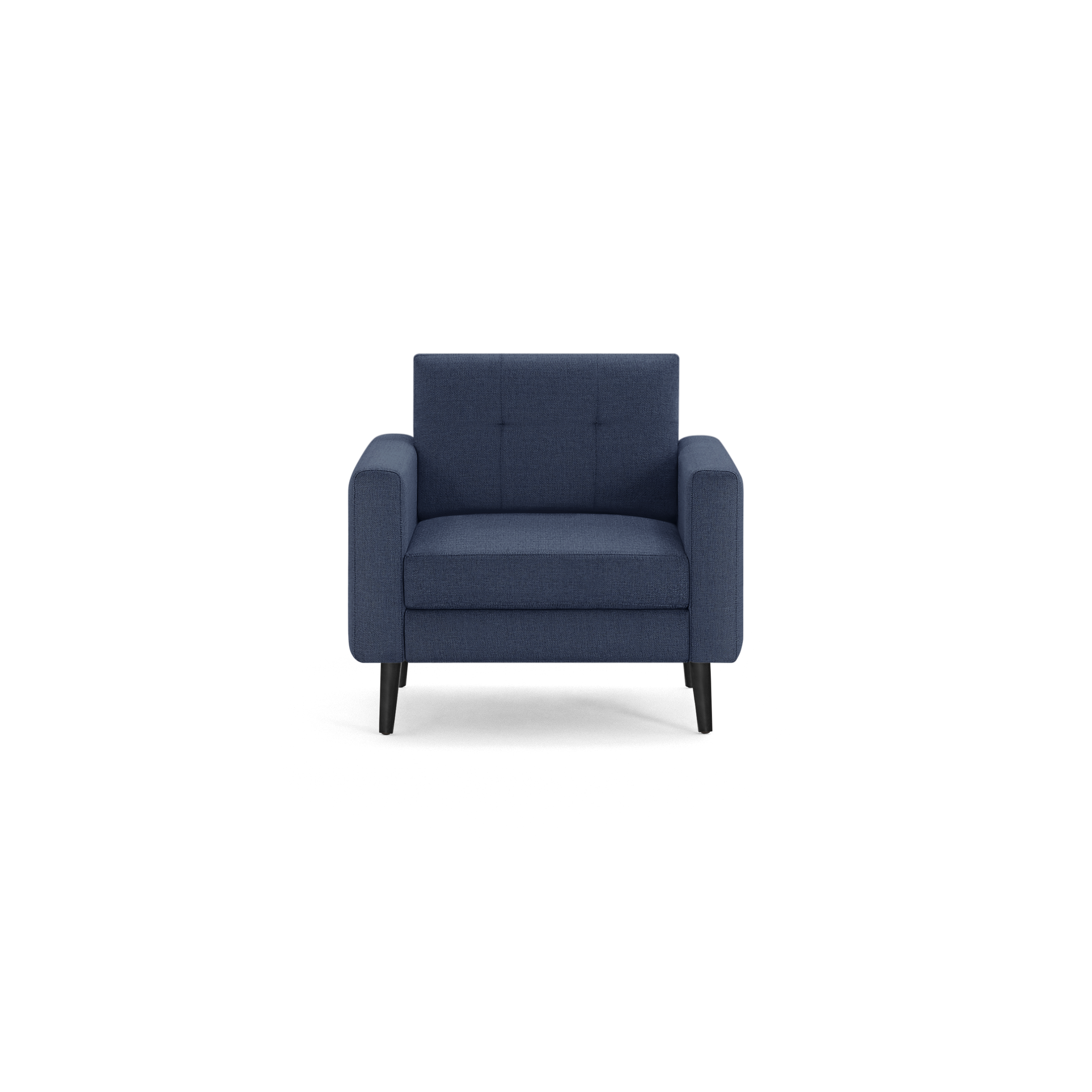 Modern navy blue fabric armchair with cushioned back and seat, square arms, and black wooden legs.