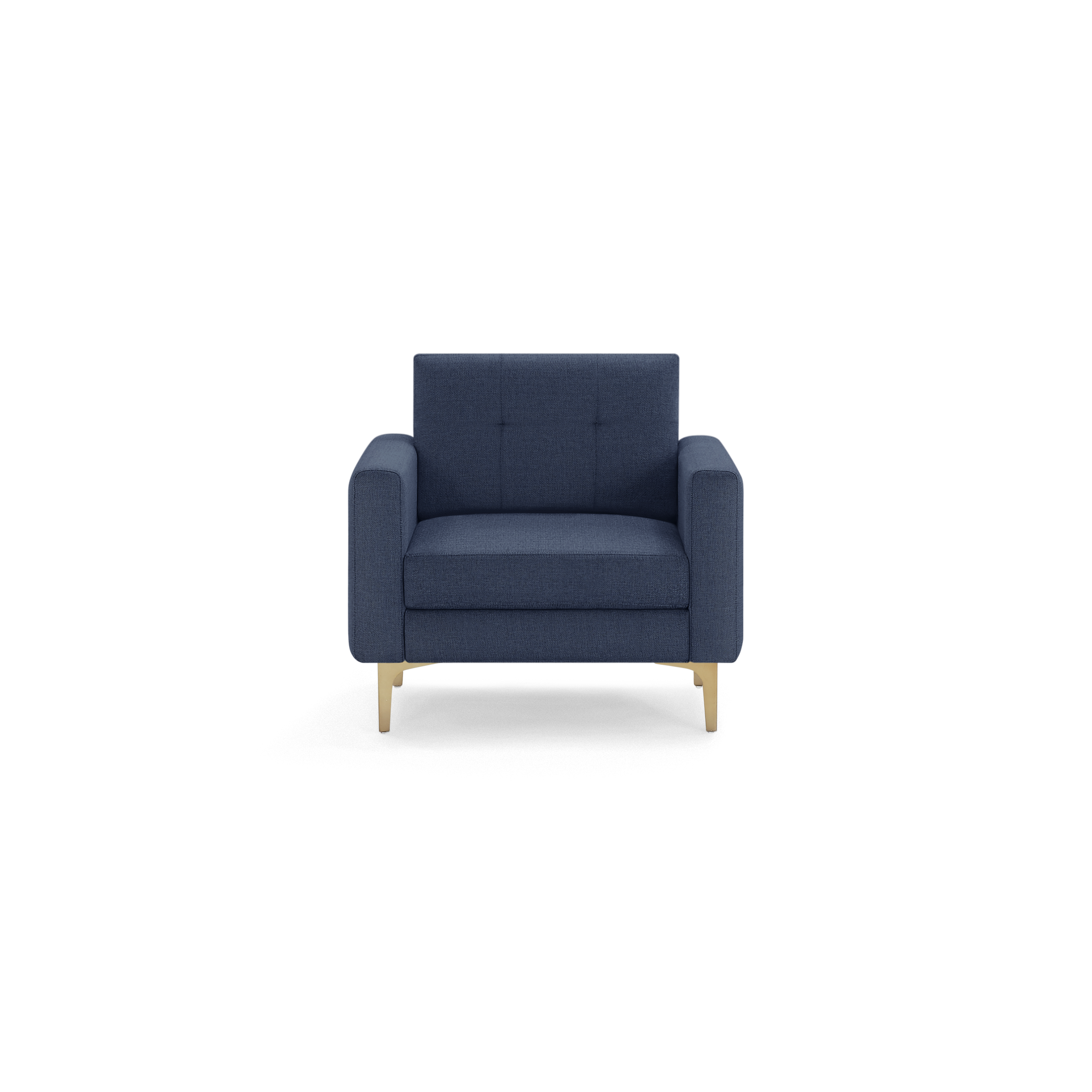 Modern navy blue single-seater armchair with wide armrests, tufted backrest, and light wooden legs, isolated on black background.