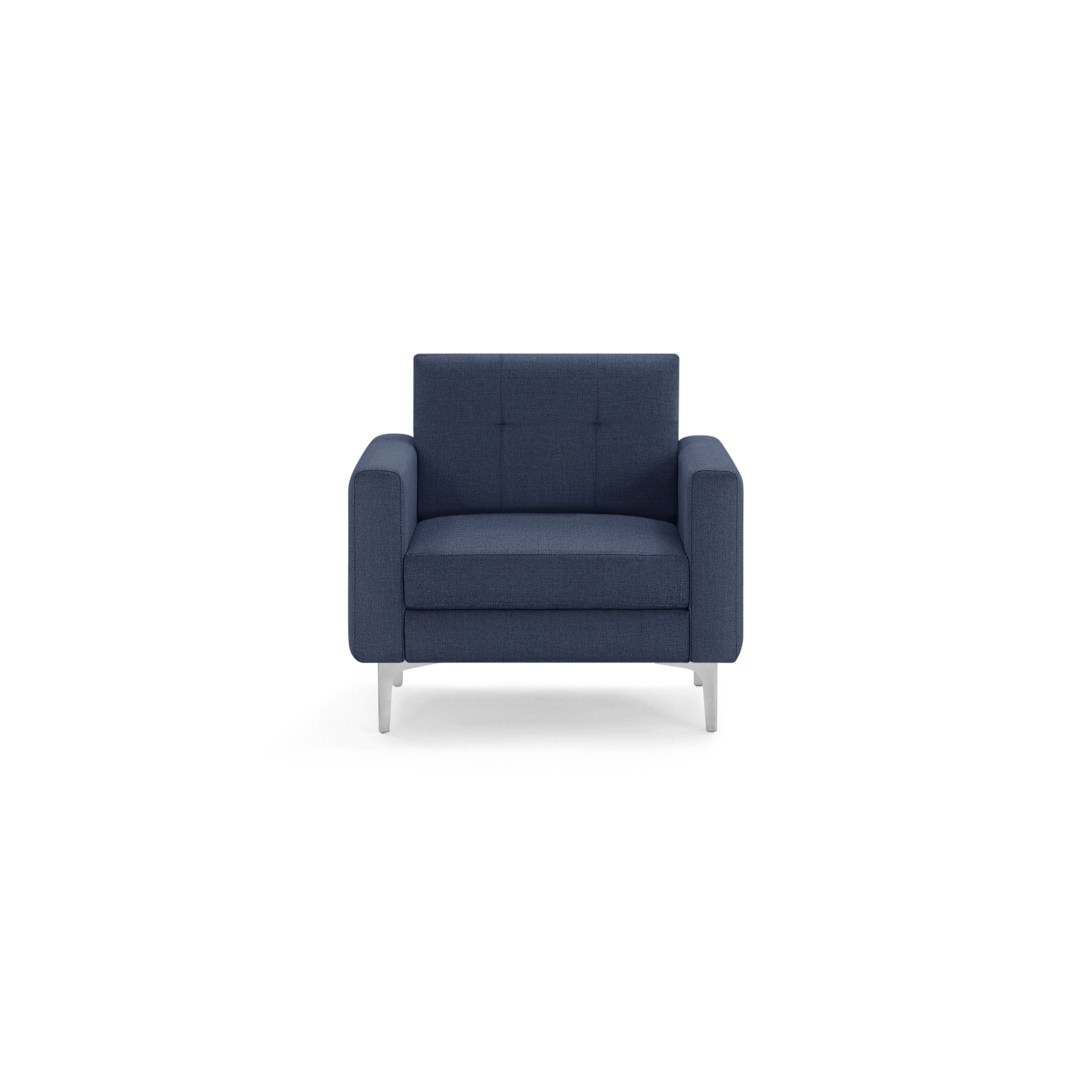 Modern navy blue upholstered armchair with tufted backrest, squared armrests, and sleek silver metal legs.