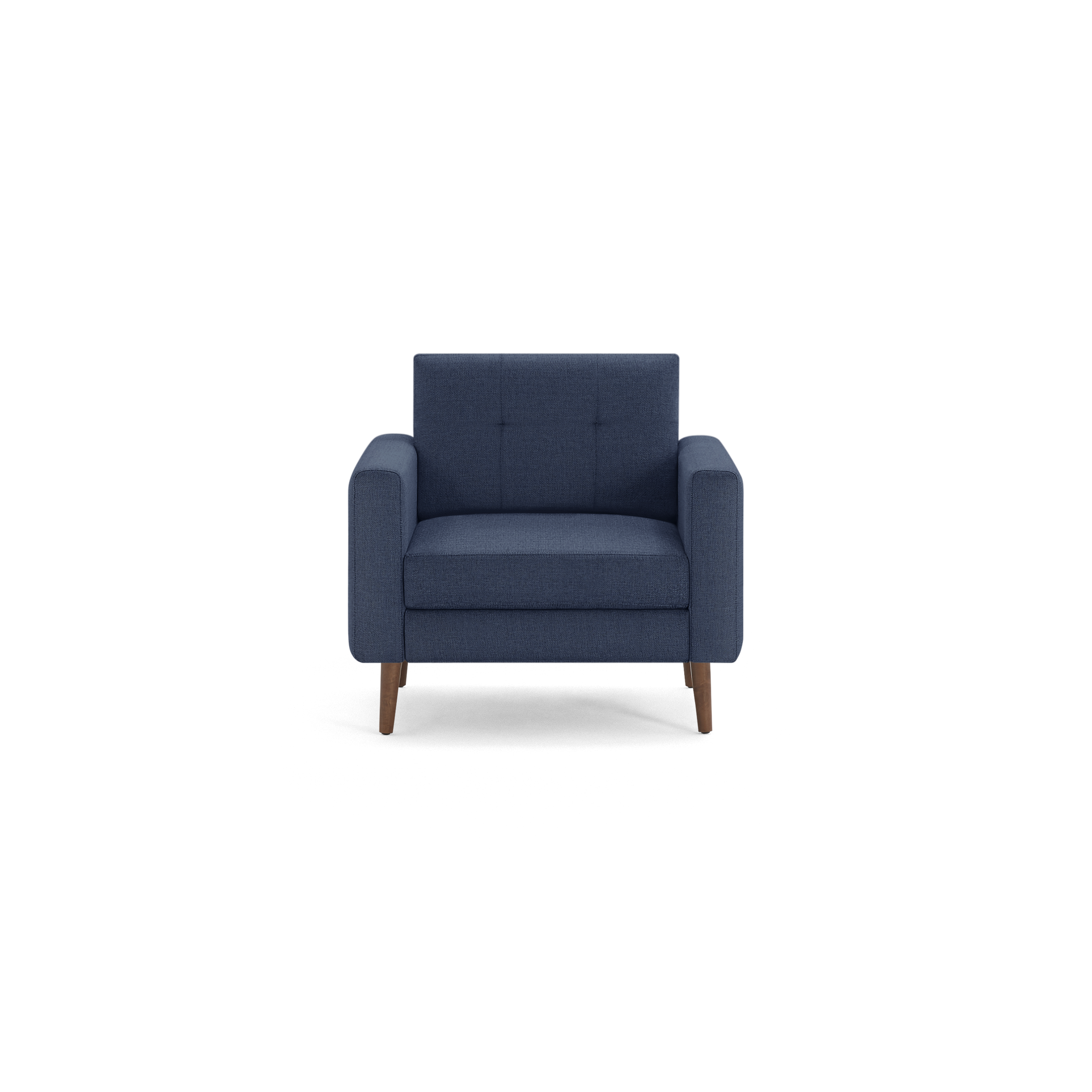 Modern navy blue upholstered armchair with wooden legs, featuring cushioned seat and backrest, and square armrests.