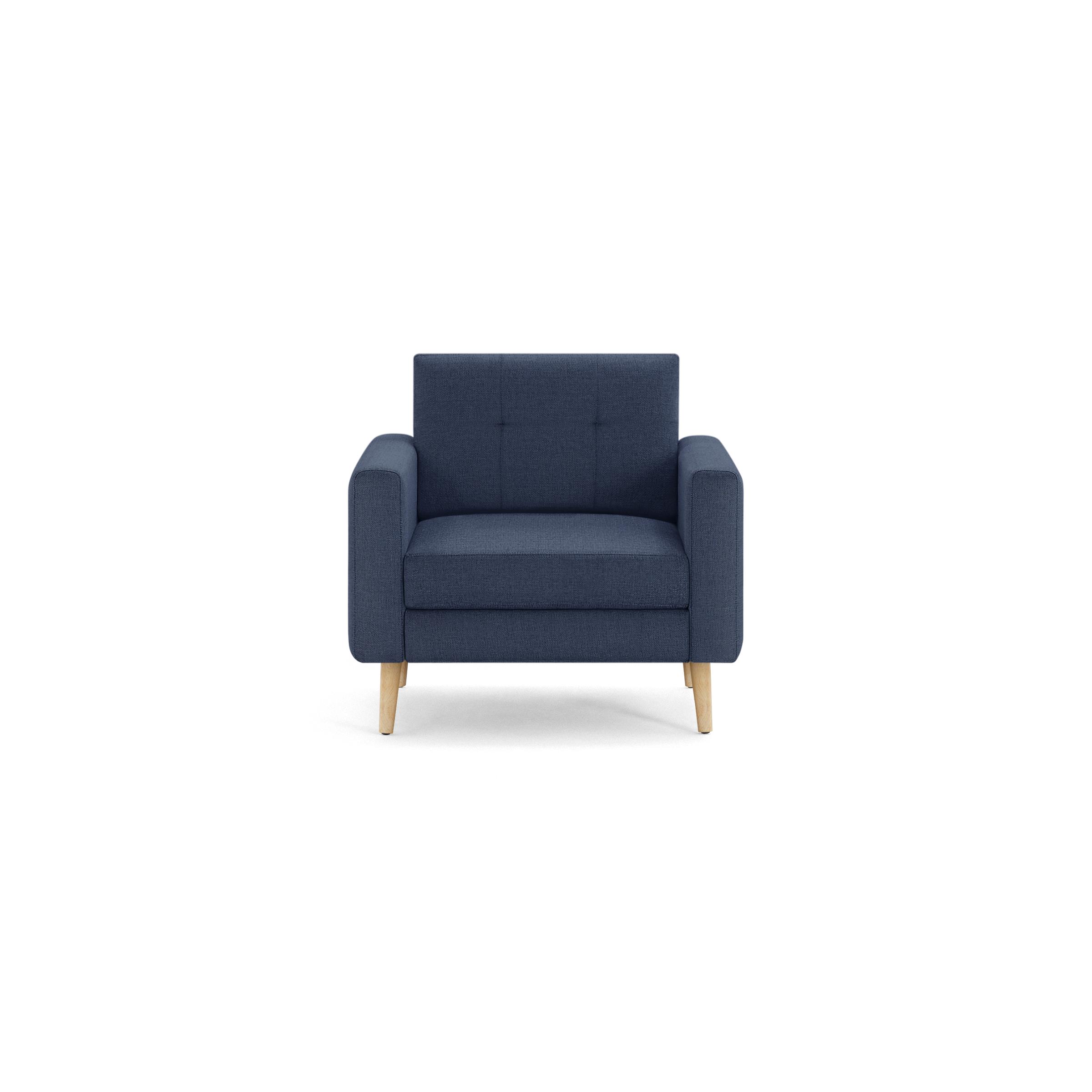 Modern navy blue upholstered armchair with square arms, tufted backrest, thick seat cushion, and light wooden legs.