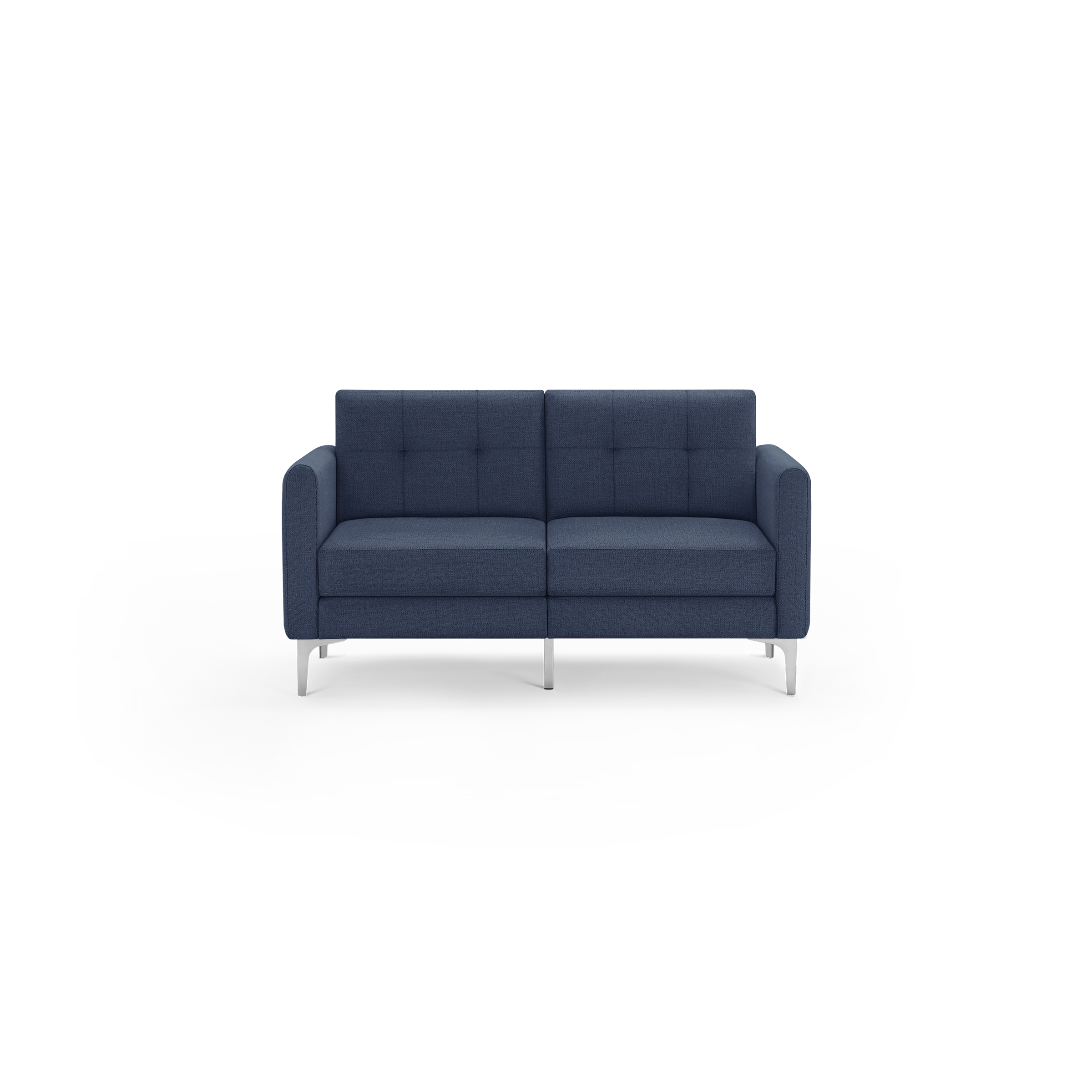 Modern two-seater sofa in dark blue fabric with tufted backrest and sleek silver metal legs.