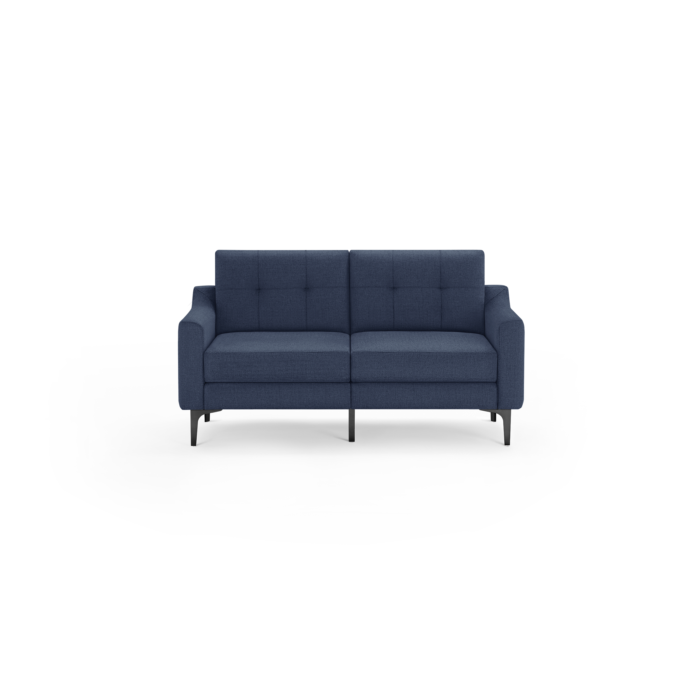 Modern navy blue fabric loveseat with tufted back cushions, angled armrests, and black metal legs, isolated on white background.