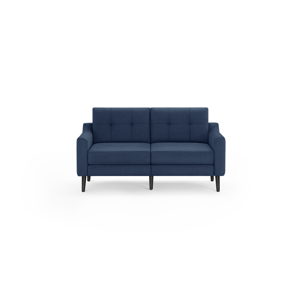 Modern two-seater sofa with dark blue fabric upholstery, button tufted backrest, sleek armrests, and black tapered wooden legs.