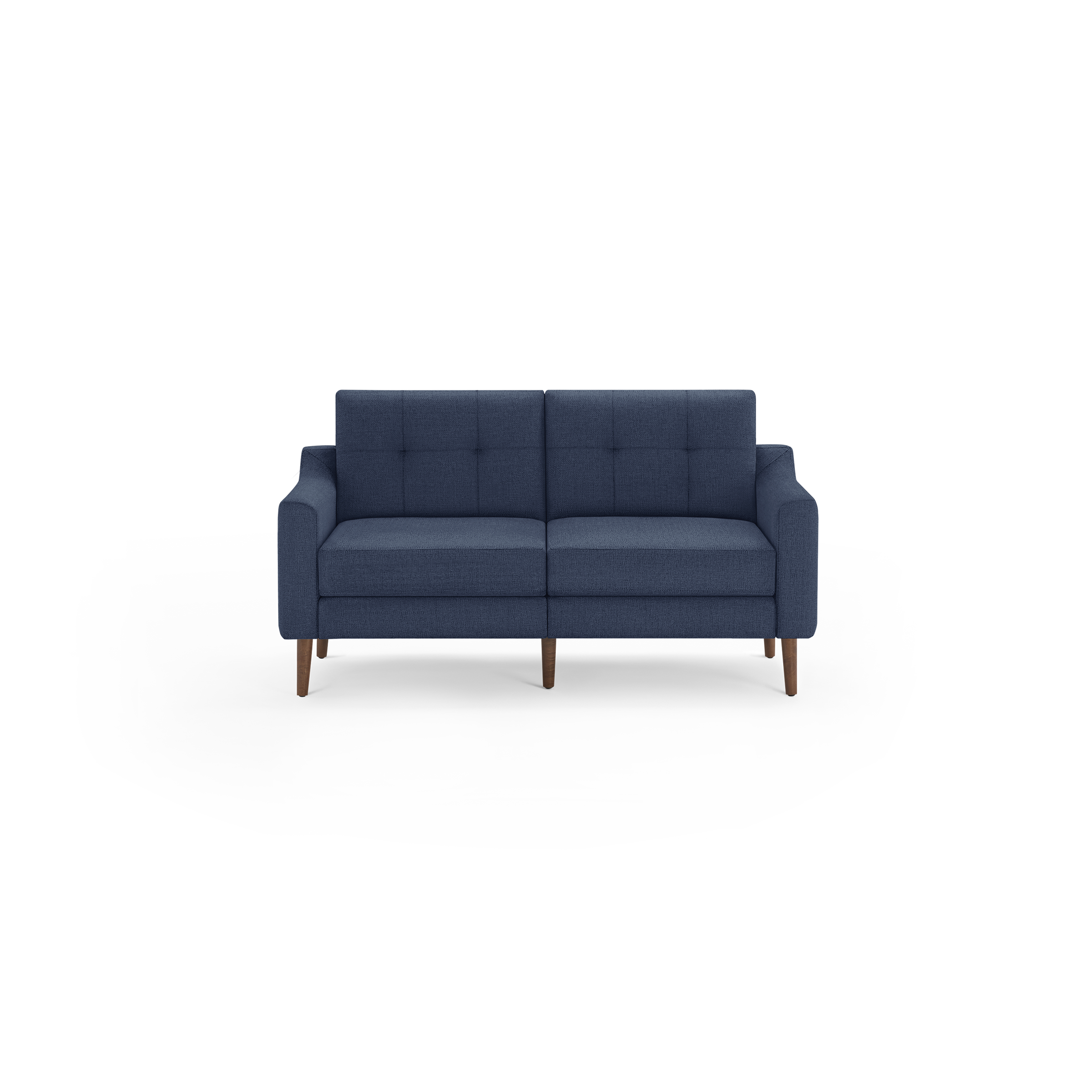 Modern navy blue fabric loveseat with tufted backrest, plush cushions, and wooden tapered legs.