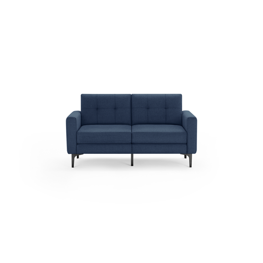 Modern two-seater sofa upholstered in dark blue fabric with tufted back cushions and black metal legs.