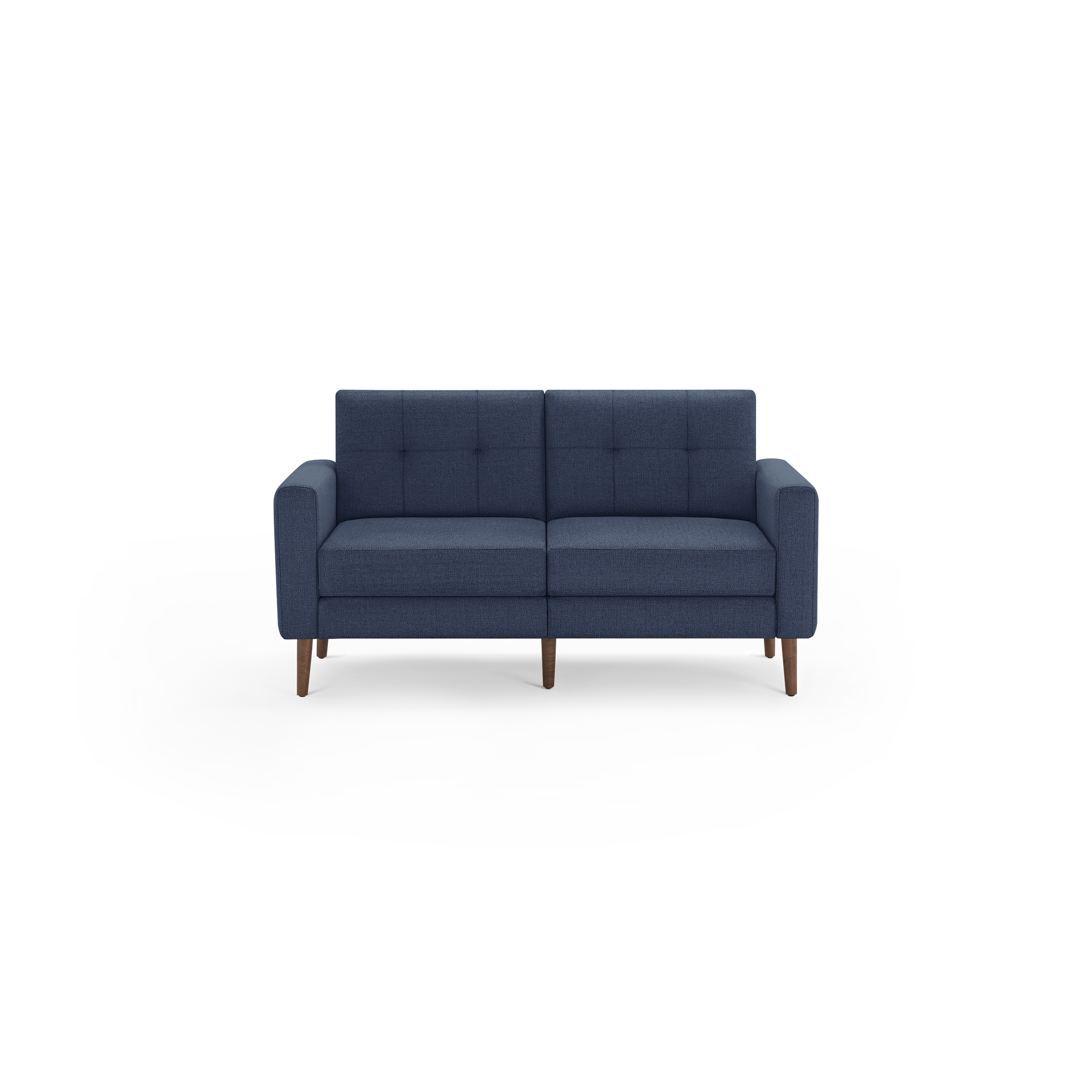 Modern navy blue fabric loveseat sofa with square tufted back cushions and wooden tapered legs.