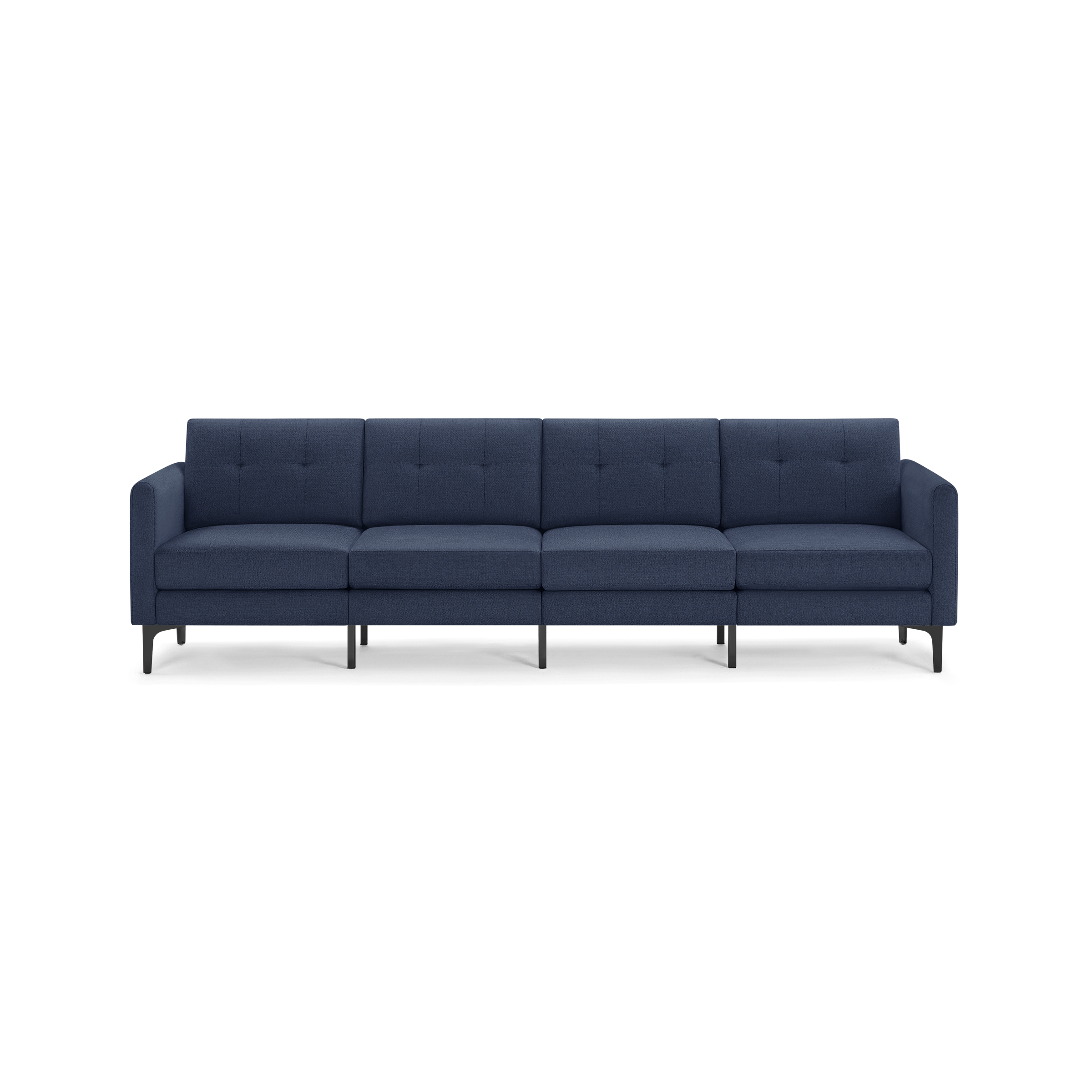 Modern navy blue four-seater sofa with tufted back cushions, squared arms, and black metal legs, isolated on black background.