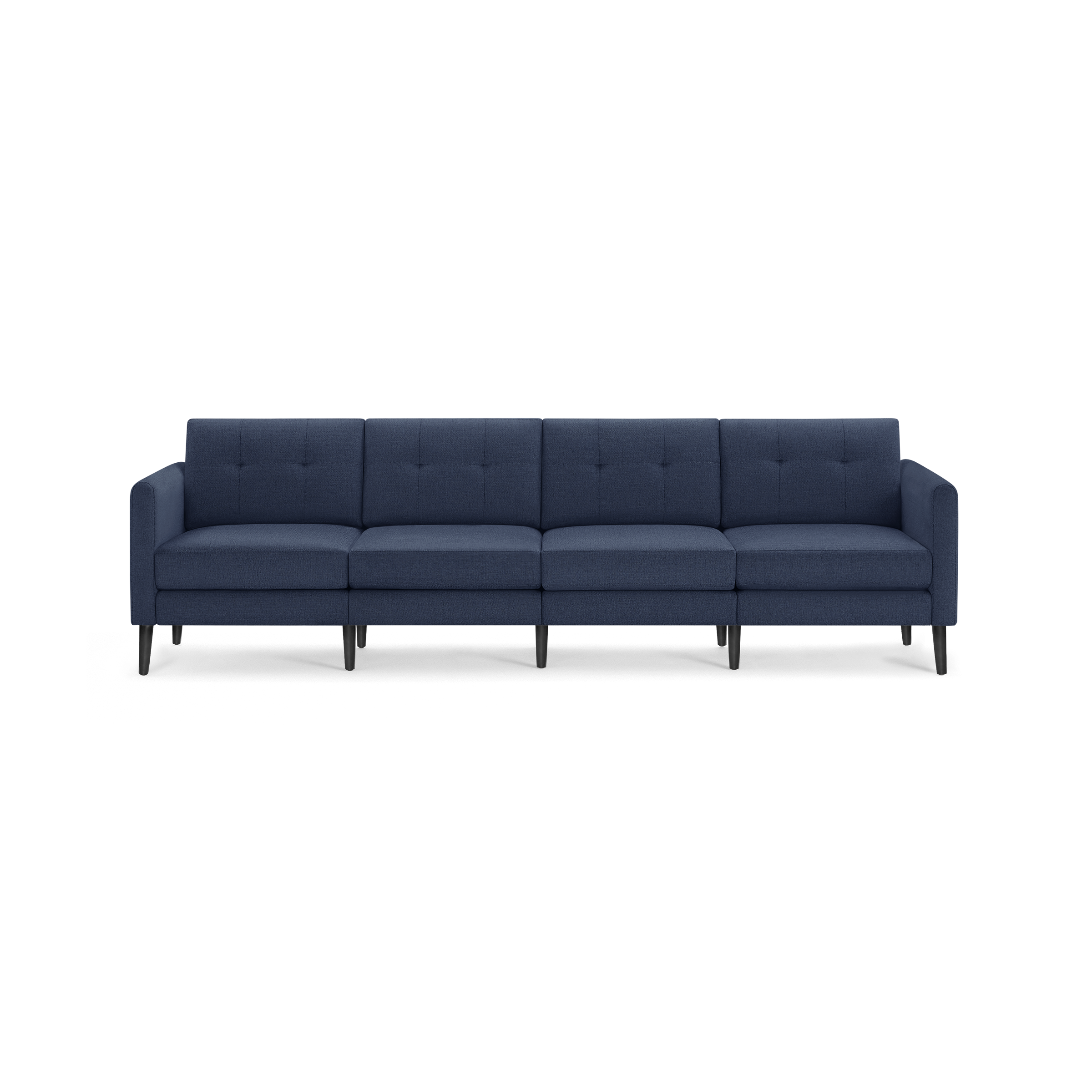 Four-seat modern sectional sofa in dark blue fabric with tufted back cushions and black tapered wooden legs.