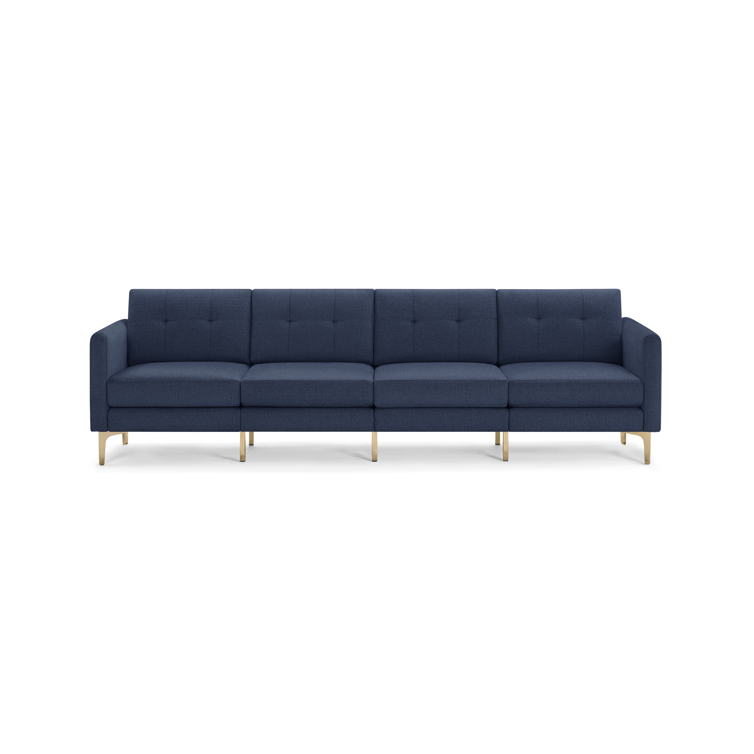 Modern navy blue fabric sofa with four cushioned seats, button-tufted backrests, and sleek gold metal legs.