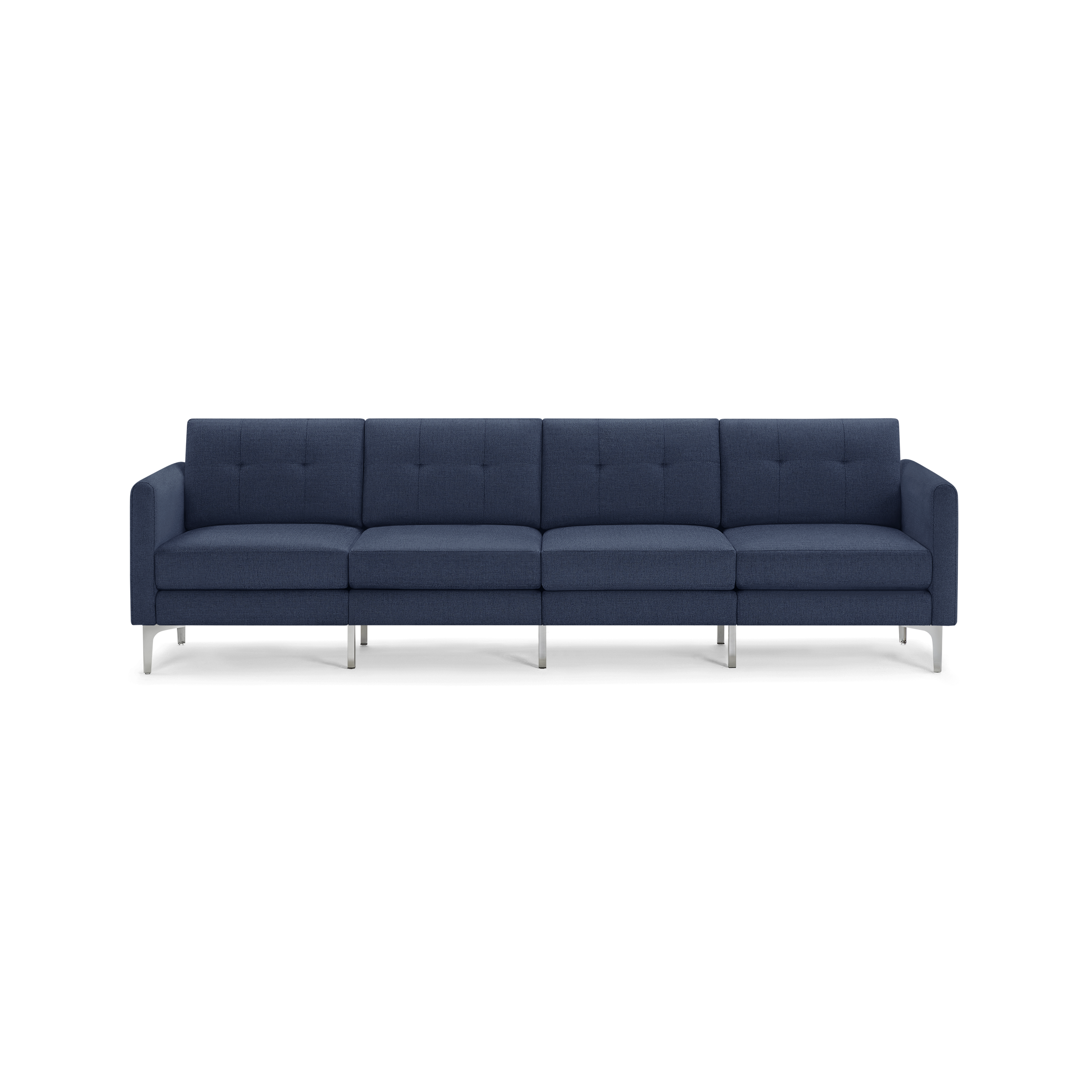 Modern four-seater sofa in dark blue fabric with metal legs and tufted back cushions, clean-lined and minimalistic design.