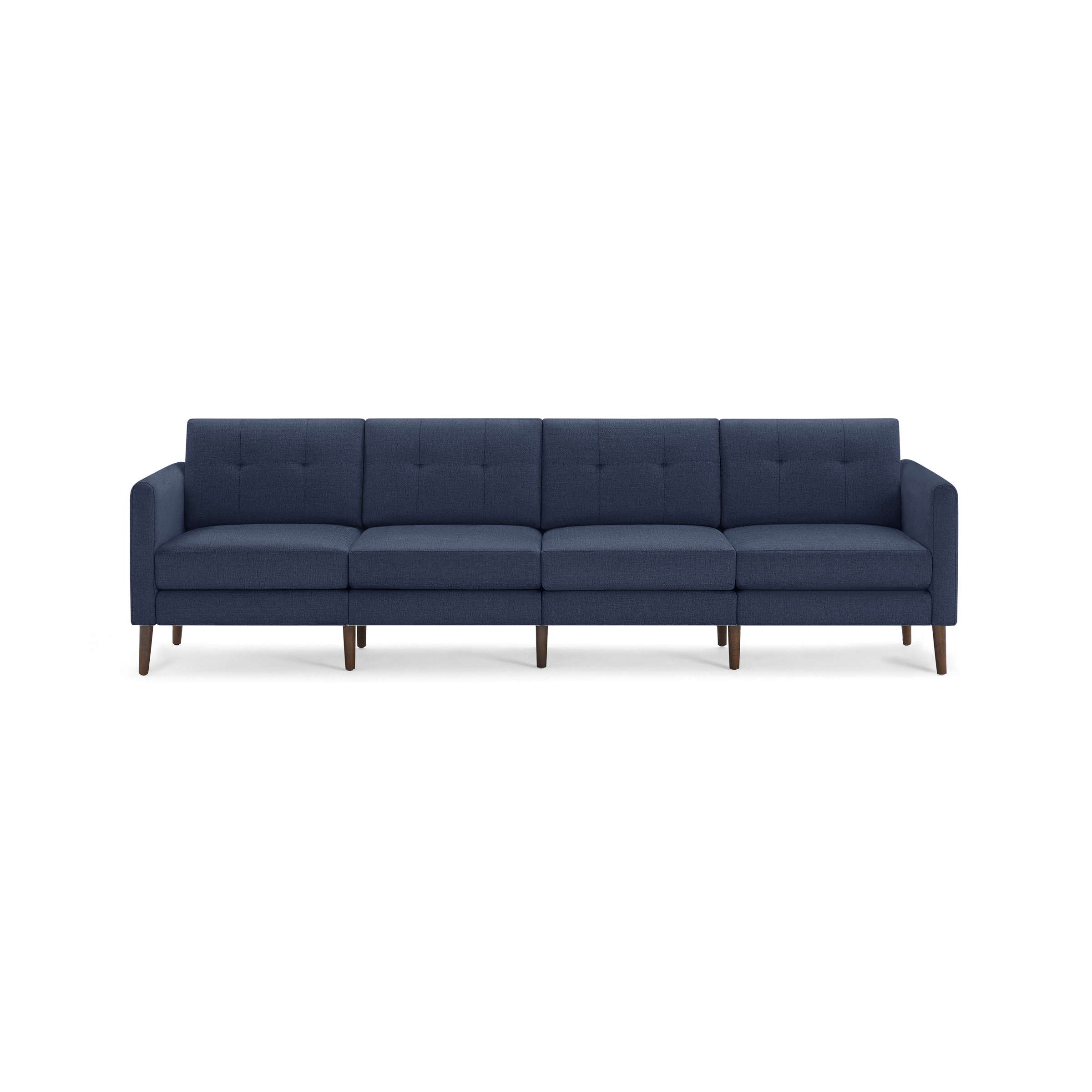 Four-seater modern navy blue fabric sofa with tufted back cushions and wooden legs, featuring clean lines and armrests.