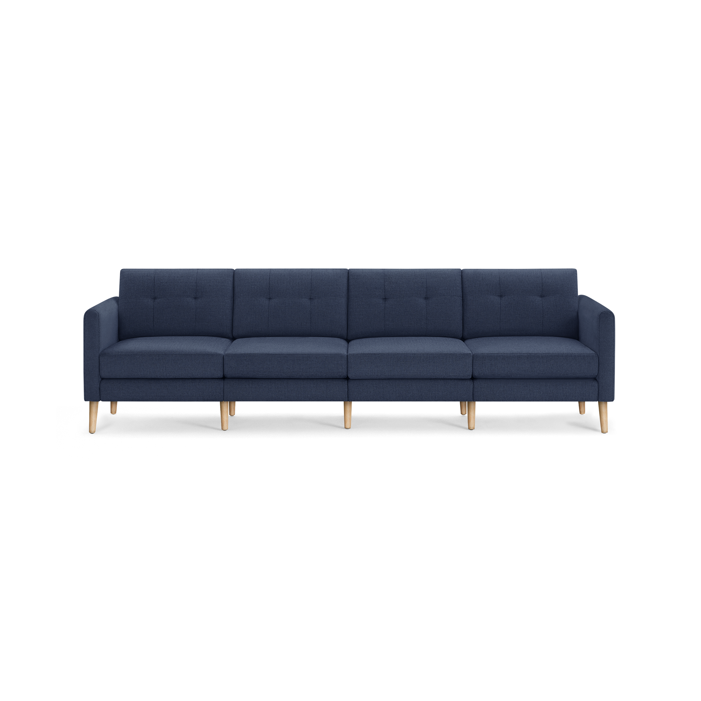 Four-seater modern navy blue fabric sofa with square tufted cushions and light wooden tapered legs.