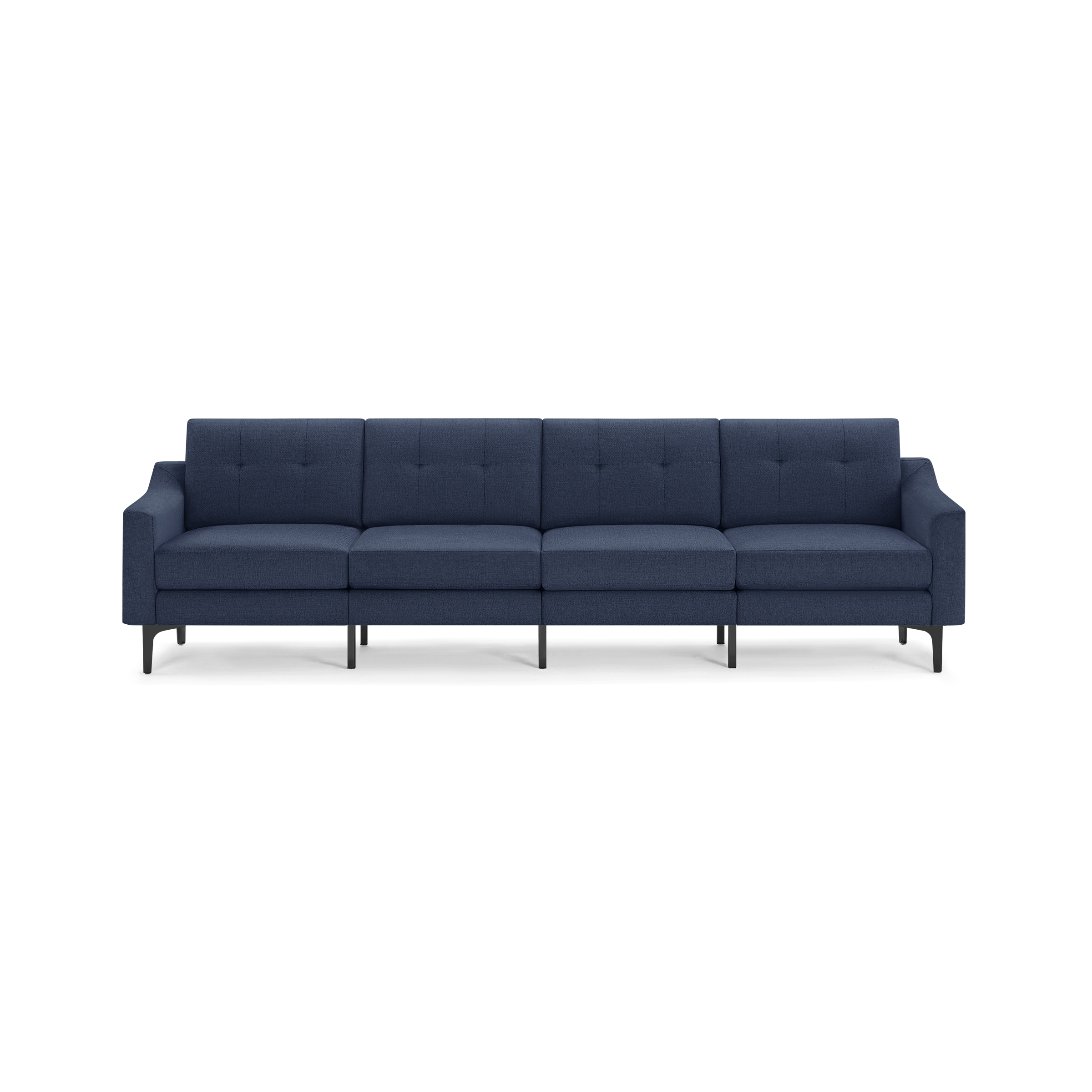 Modern navy blue fabric sofa with tufted back cushions, straight arms, and black metal legs, designed for four seats.