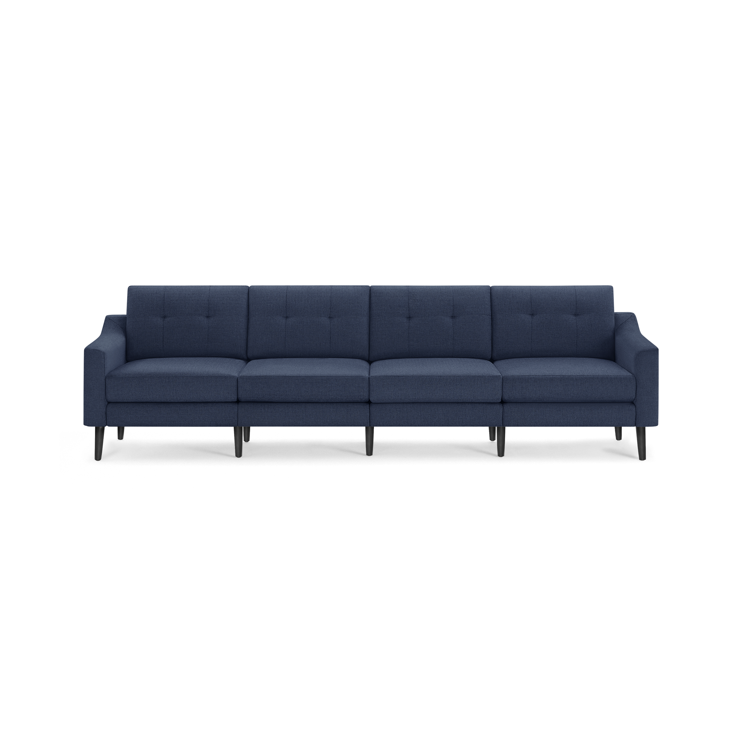 Modern navy blue fabric sofa with tufted backrest, straight armrests, and black tapered wooden legs, seating four people comfortably.
