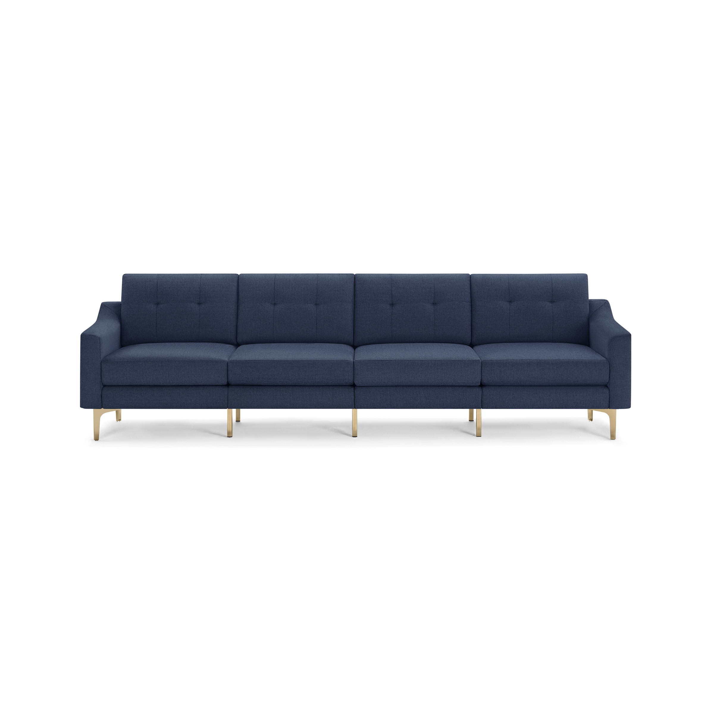 Modern four-seater navy blue fabric sofa with tufted back cushions and gold metal legs, featuring clean lines and a minimalist design.
