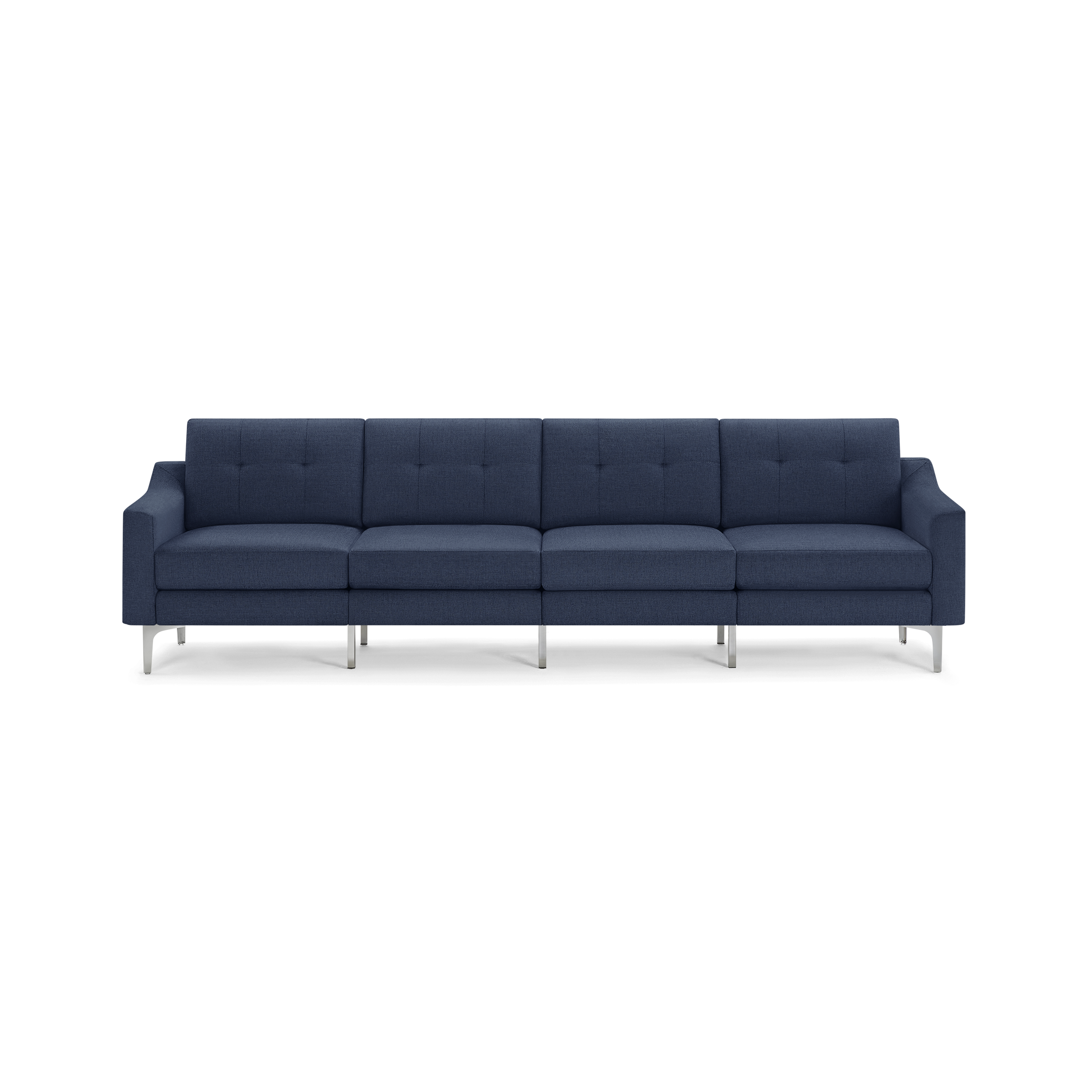 Modern navy blue fabric sofa with four seats, tufted back cushions, and sleek metal legs.