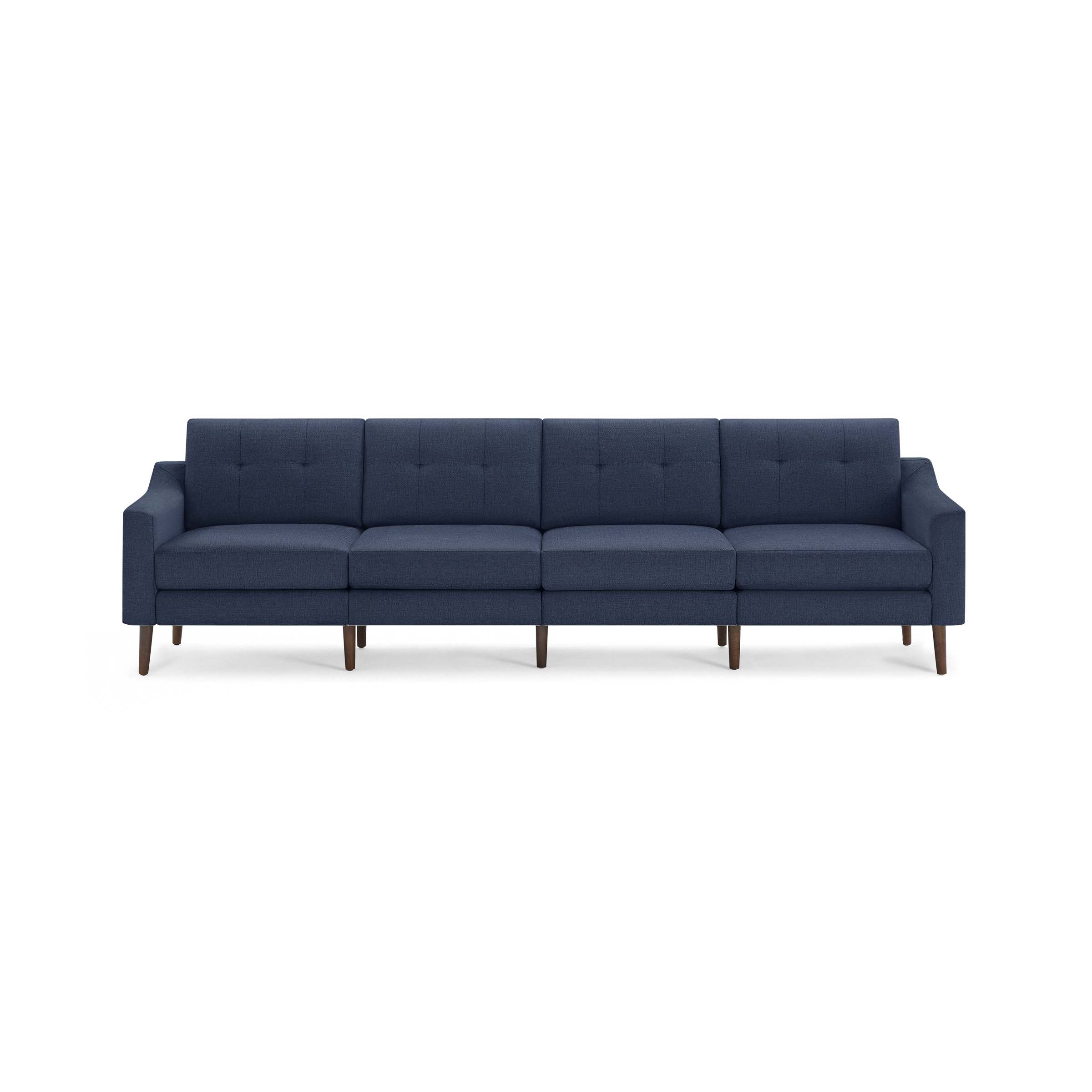 Modern navy blue fabric sofa with tufted back cushions and wooden tapered legs, seating four people comfortably.