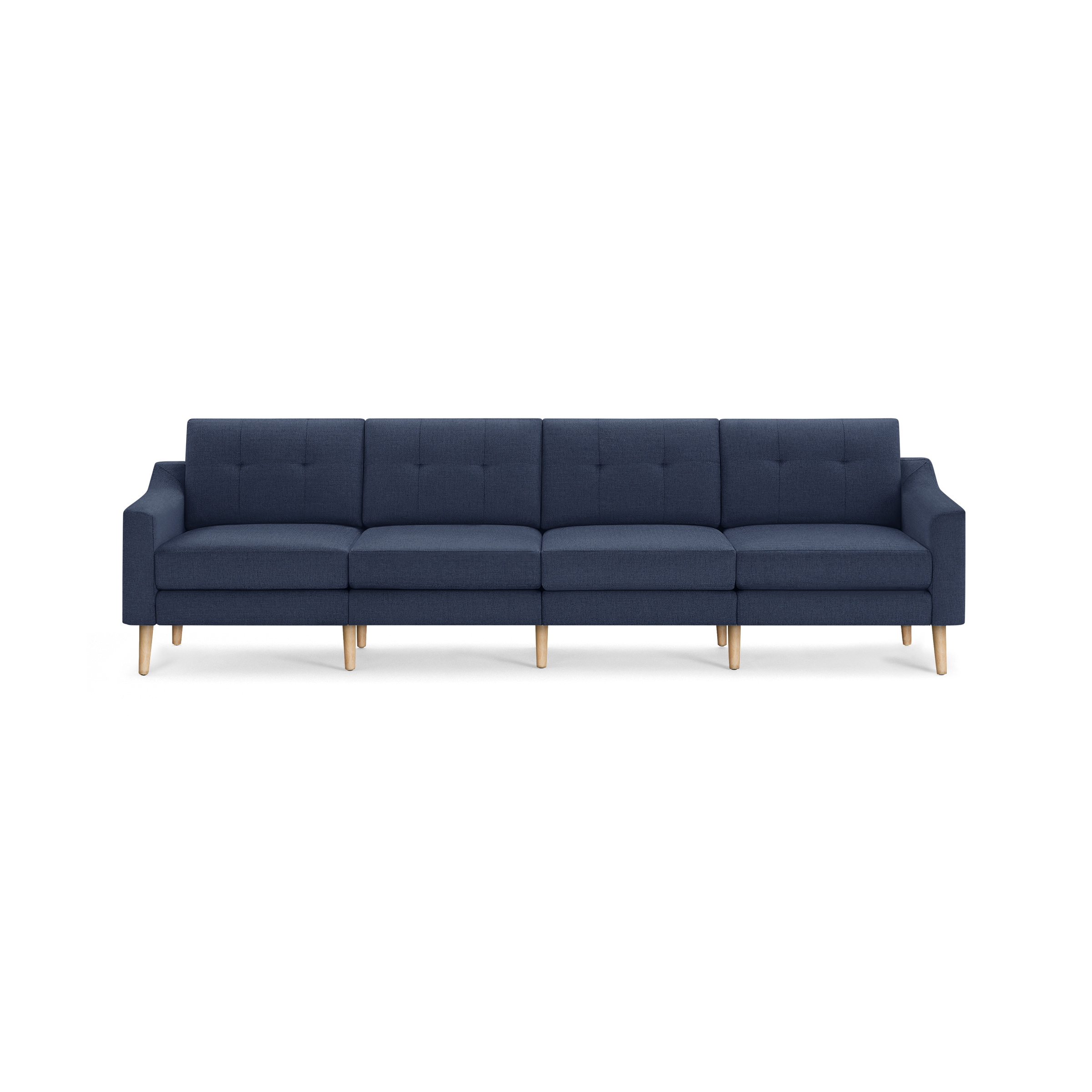 Modern navy blue four-seater sofa with tufted back cushions and light wooden legs, featuring a sleek and minimalist design.