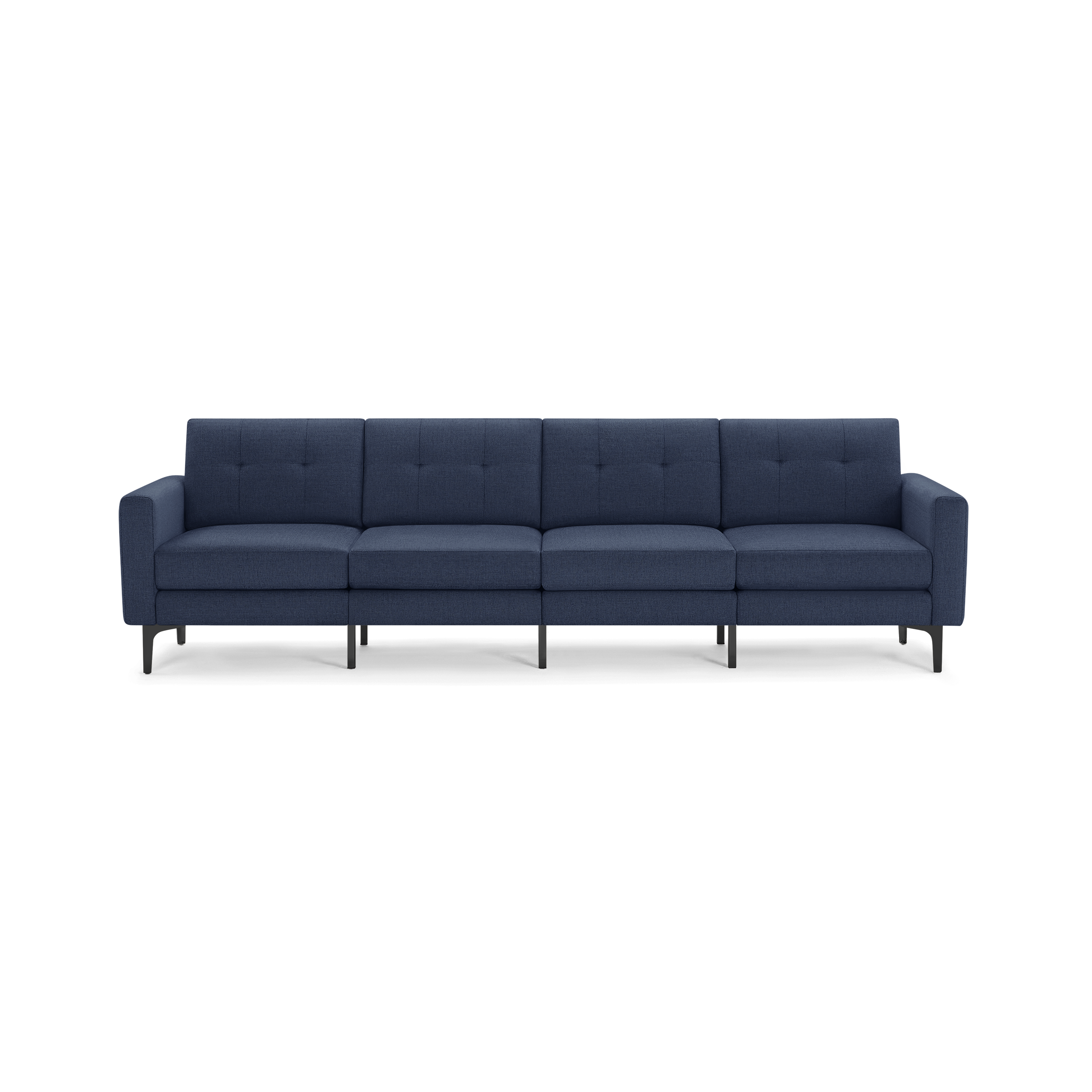 Modern navy blue fabric four-seater sofa with button-tufted backrest, slim armrests, and black metal legs on a transparent background.