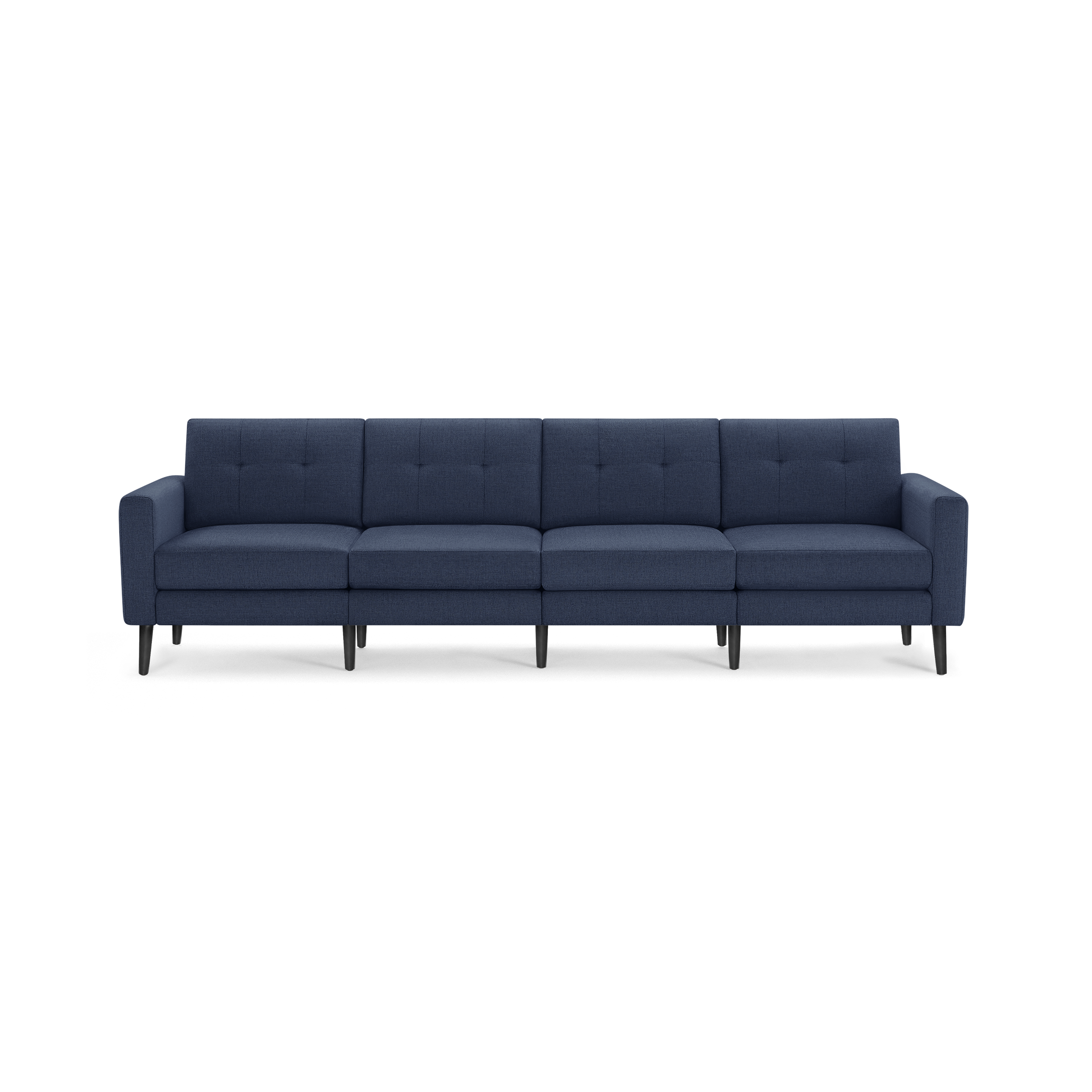 Modern navy blue fabric sectional sofa with tufted back cushions, straight arms, and black tapered wooden legs.