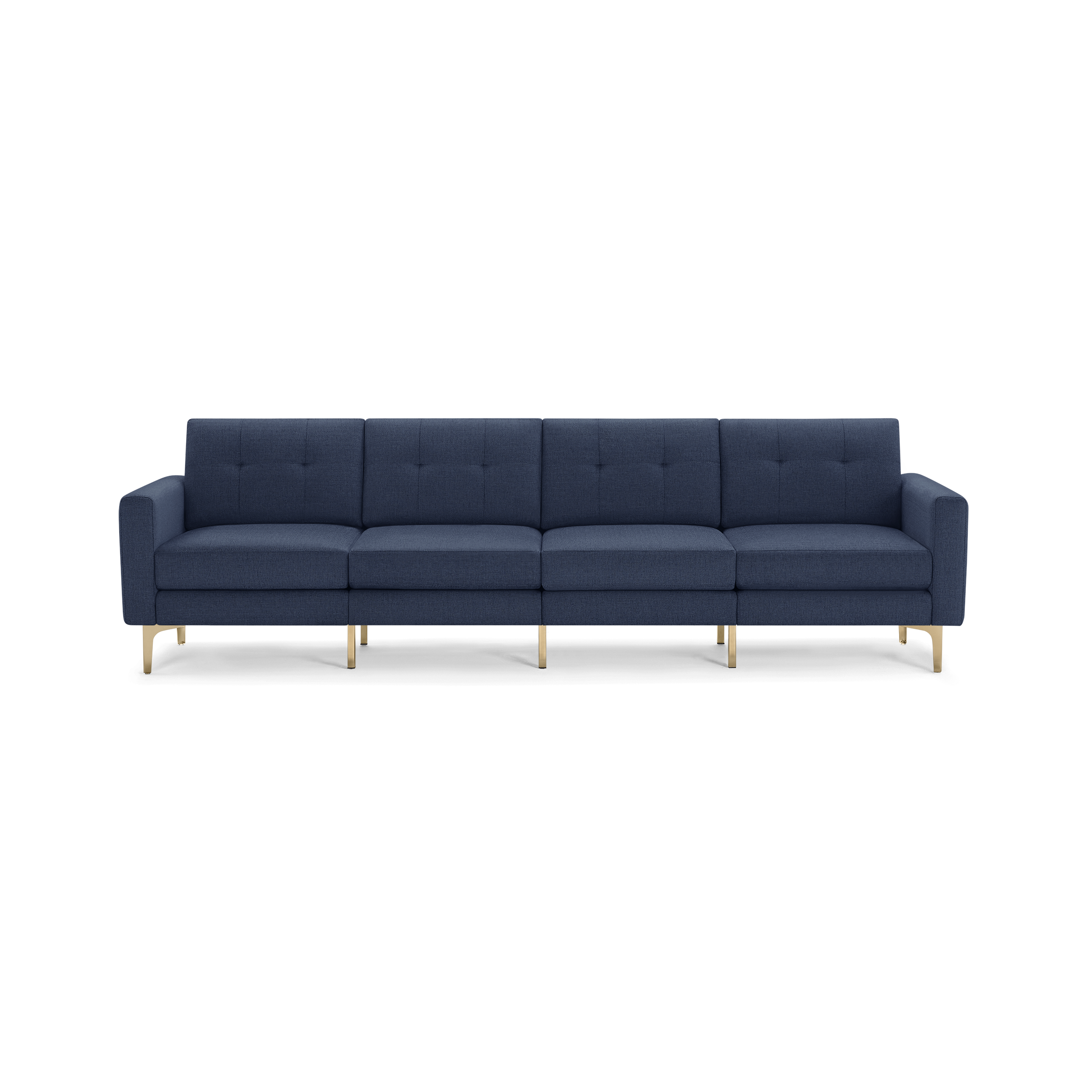 Modern mid-century style four-seater sofa with navy blue tufted fabric upholstery and gold metal legs on a black background.