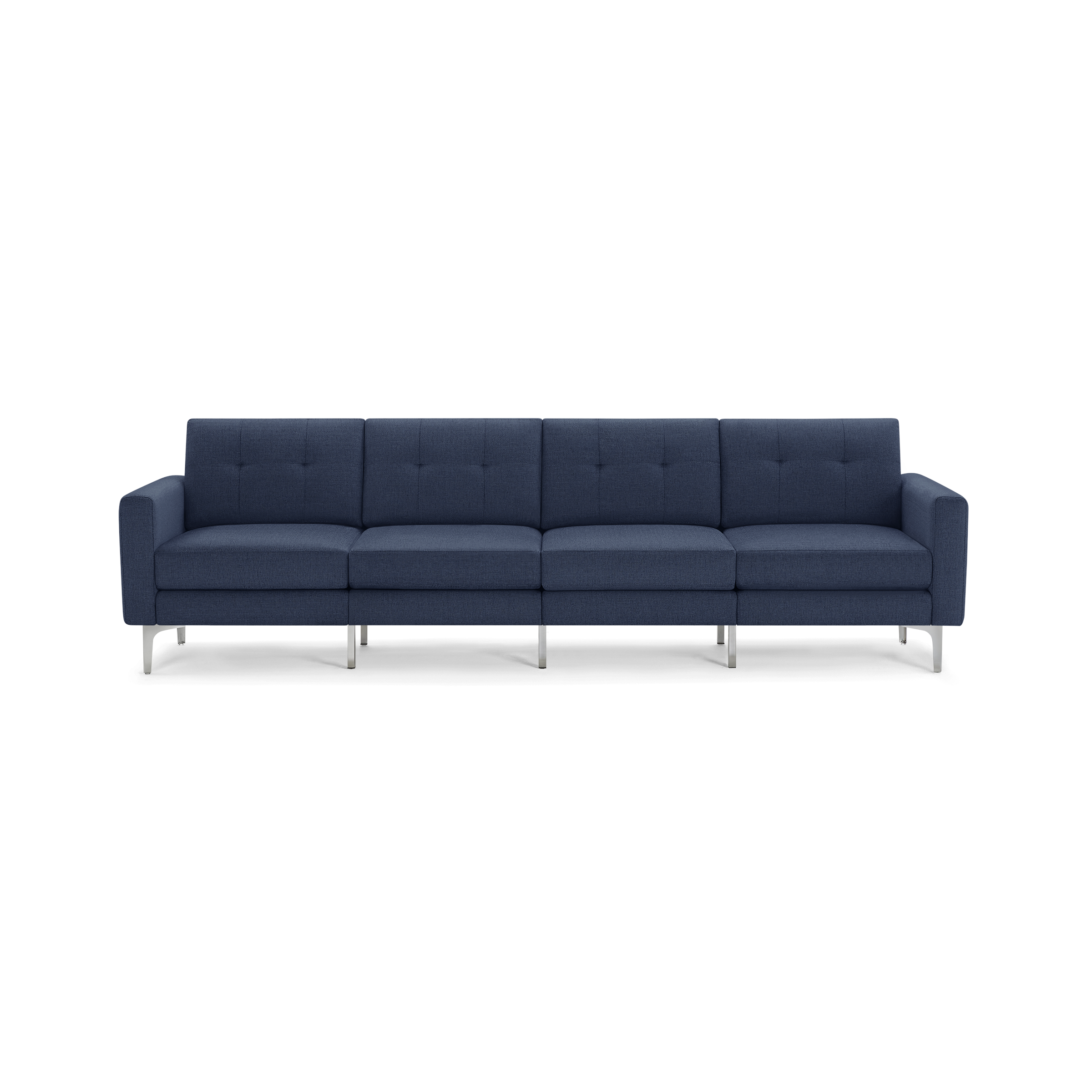 Modern navy blue four-seater sofa with metal legs, button-tufted back cushions, and squared armrests on a black background.