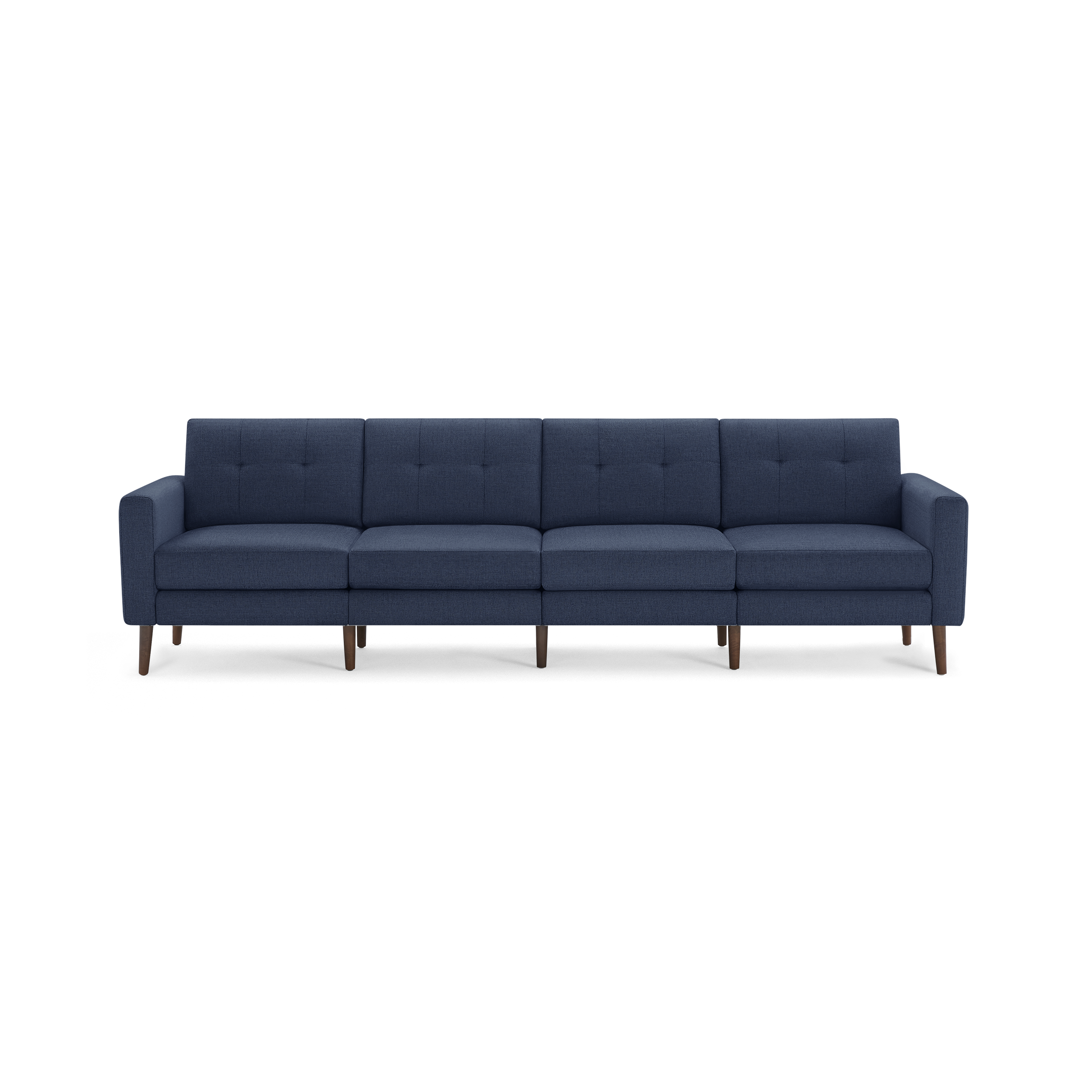 Modern navy blue fabric sectional sofa with button-tufted backrests, straight arms, and wooden legs.