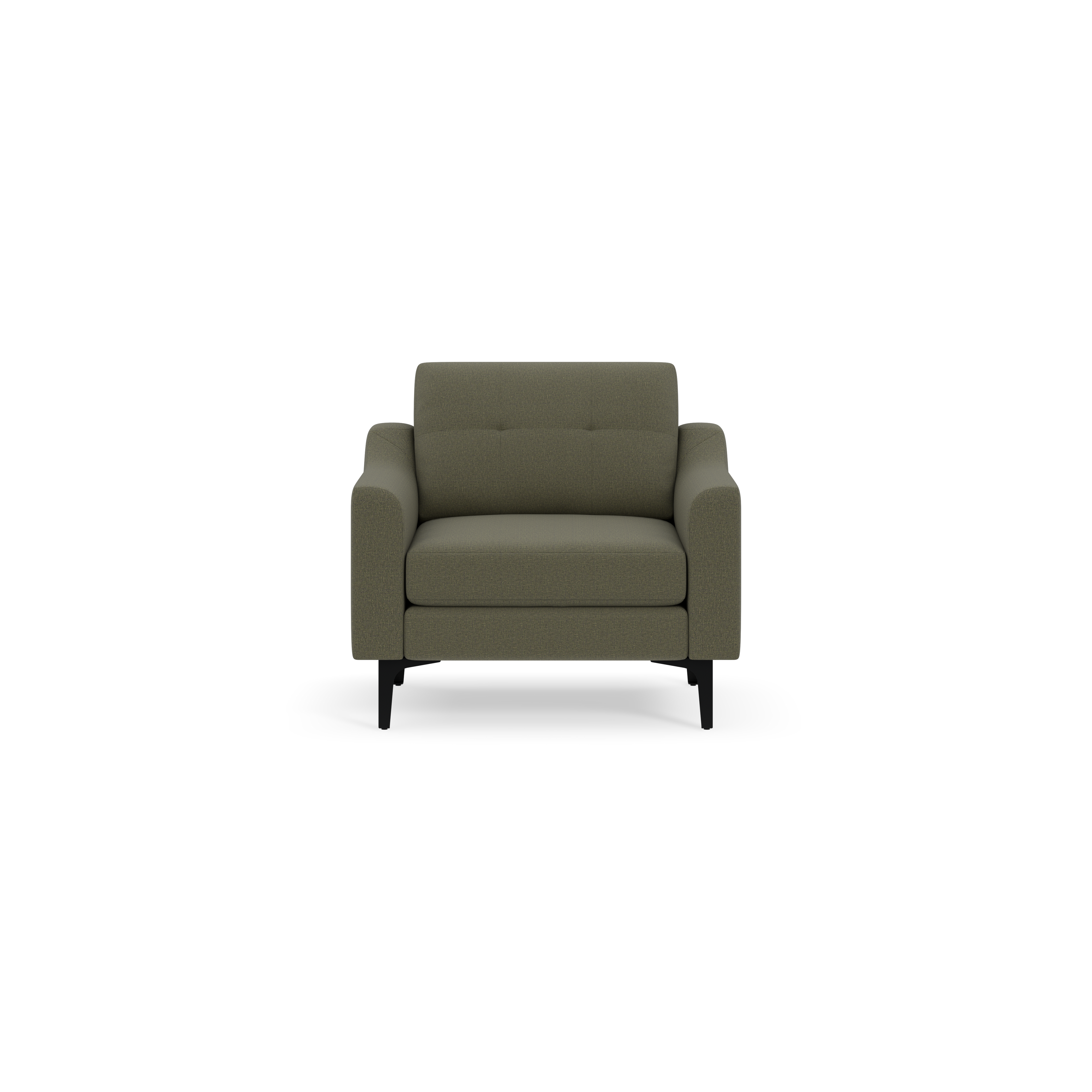 Green upholstered armchair with tufted backrest, cushioned seat, and black wooden legs, shown on black background.
