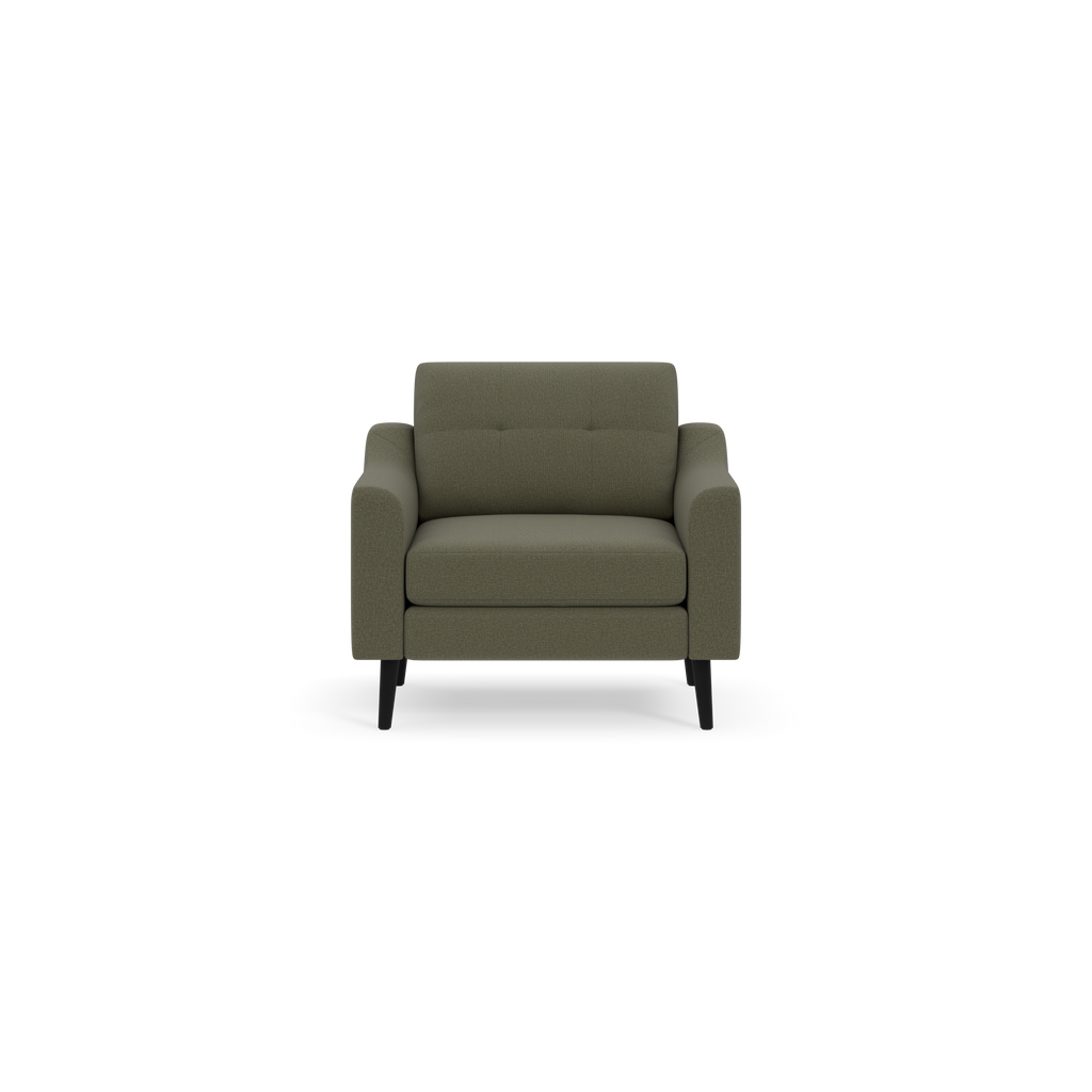 Front view of a modern Moss green upholstered armchair with tufted backrest and black wooden legs on black background.