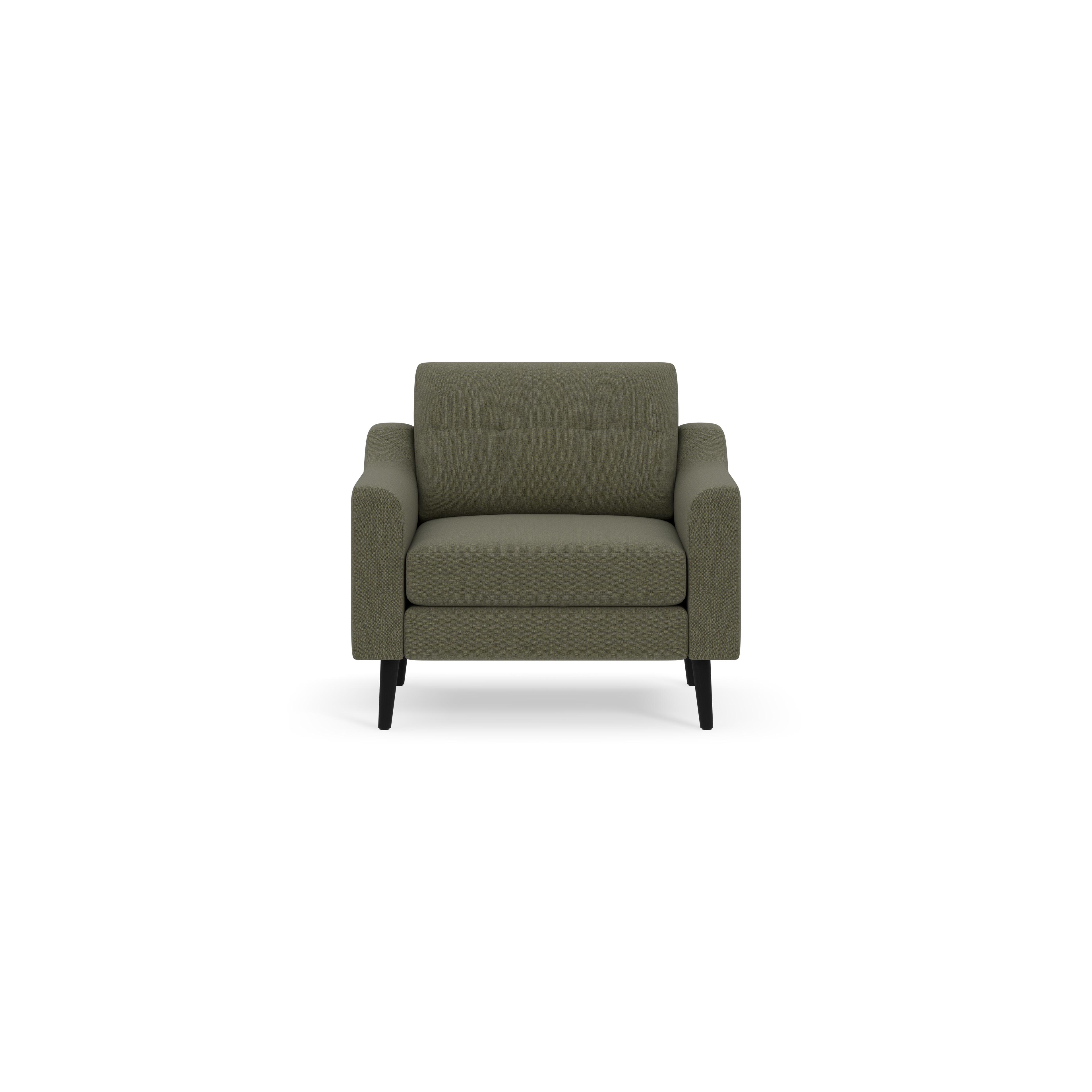 Front view of a modern Moss green upholstered armchair with tufted backrest and black wooden legs on black background.