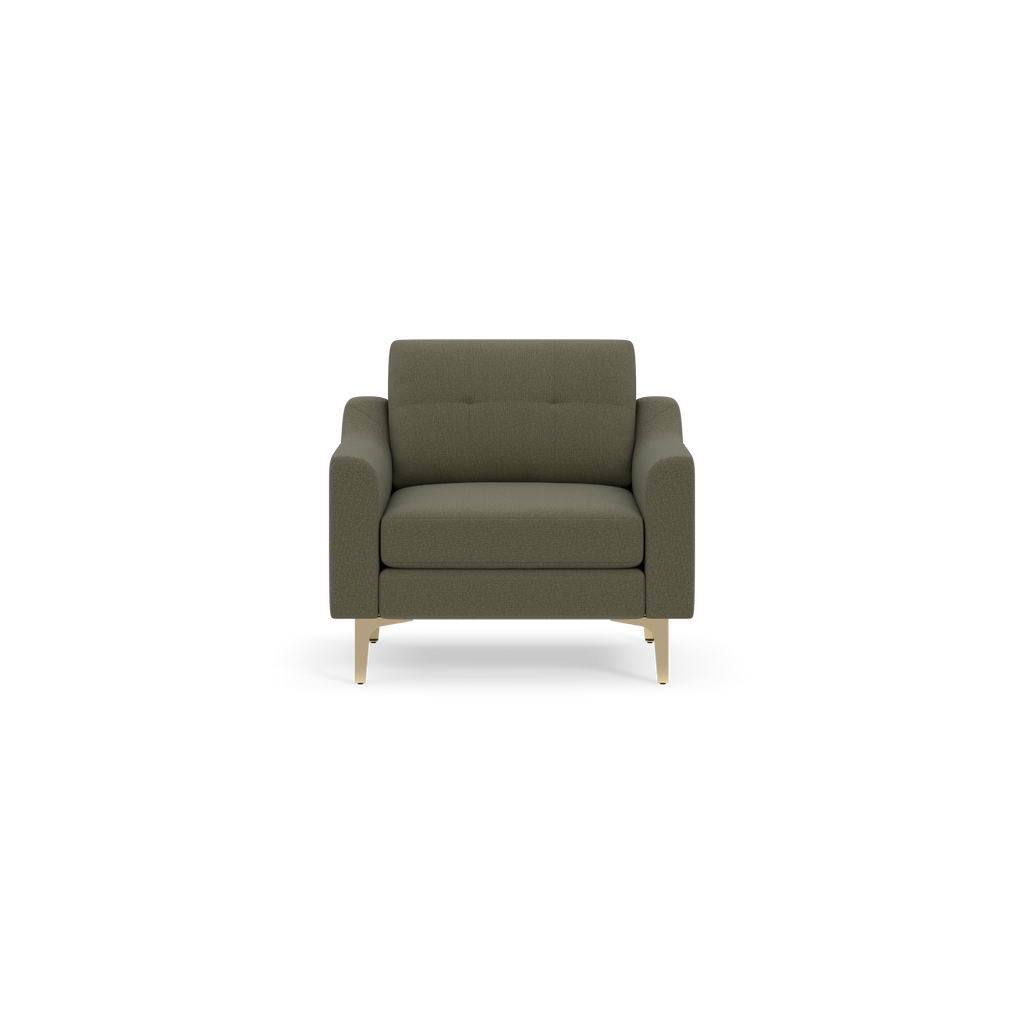Front view of a single-seat armchair with Moss green upholstery and light wooden legs against black background.