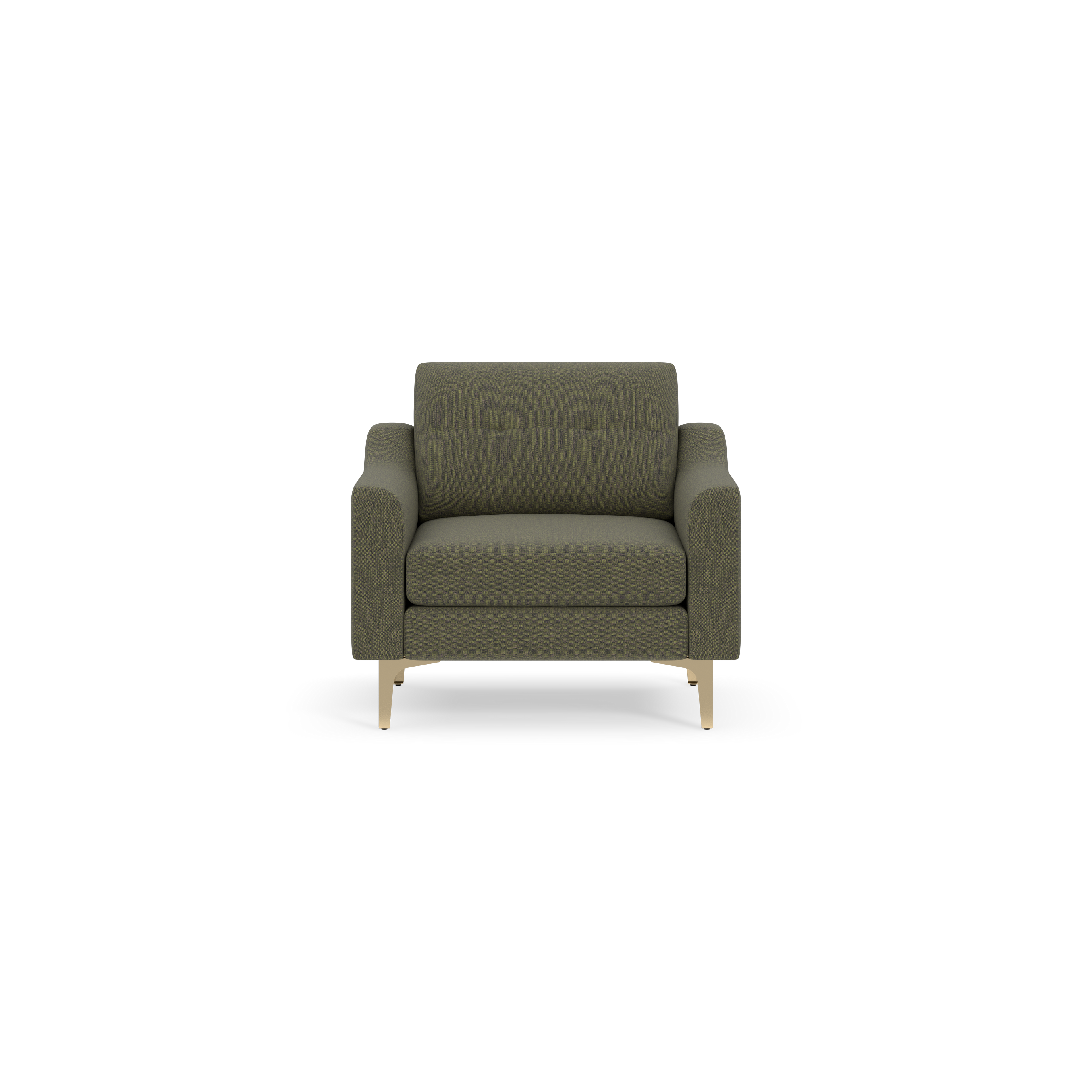 Front view of a single-seat armchair with Moss green upholstery and light wooden legs against black background.