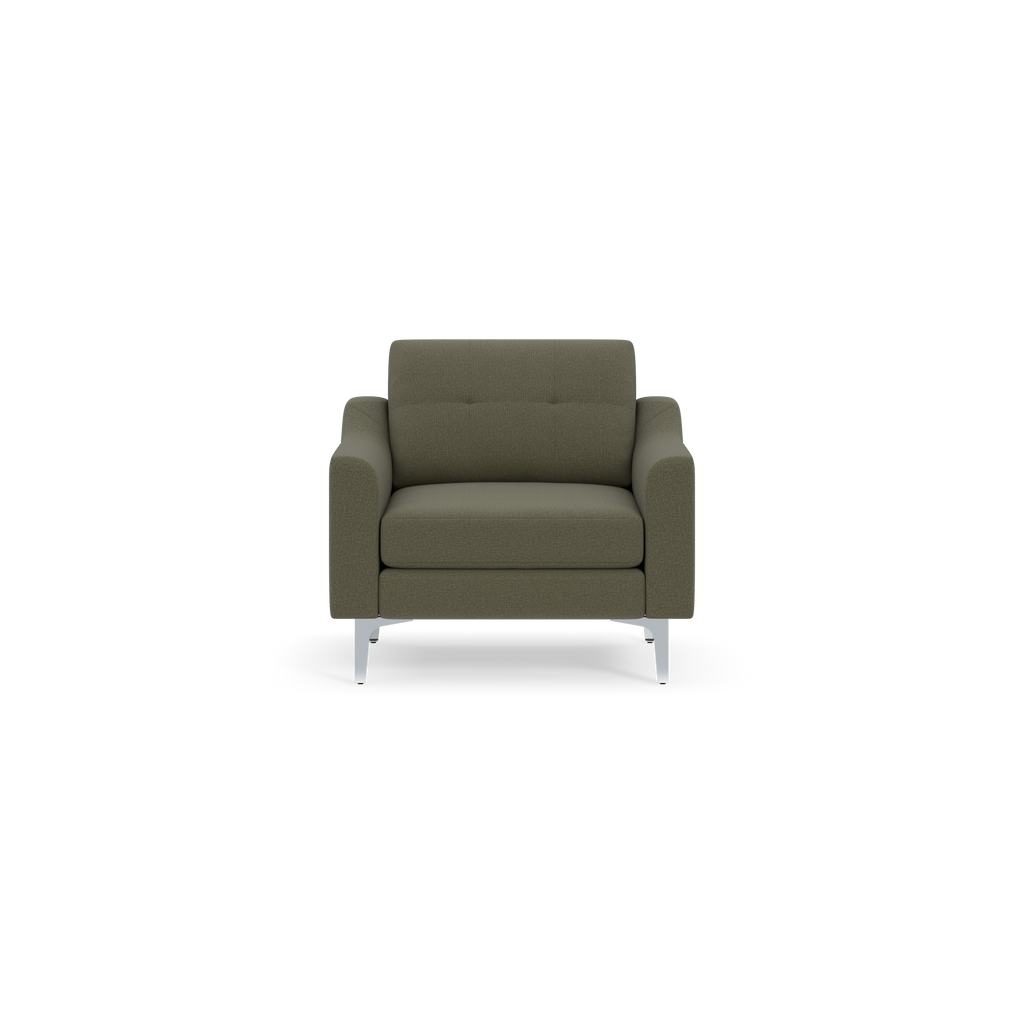 Modern Moss green armchair with metal legs and tufted backrest, designed for comfort and style.