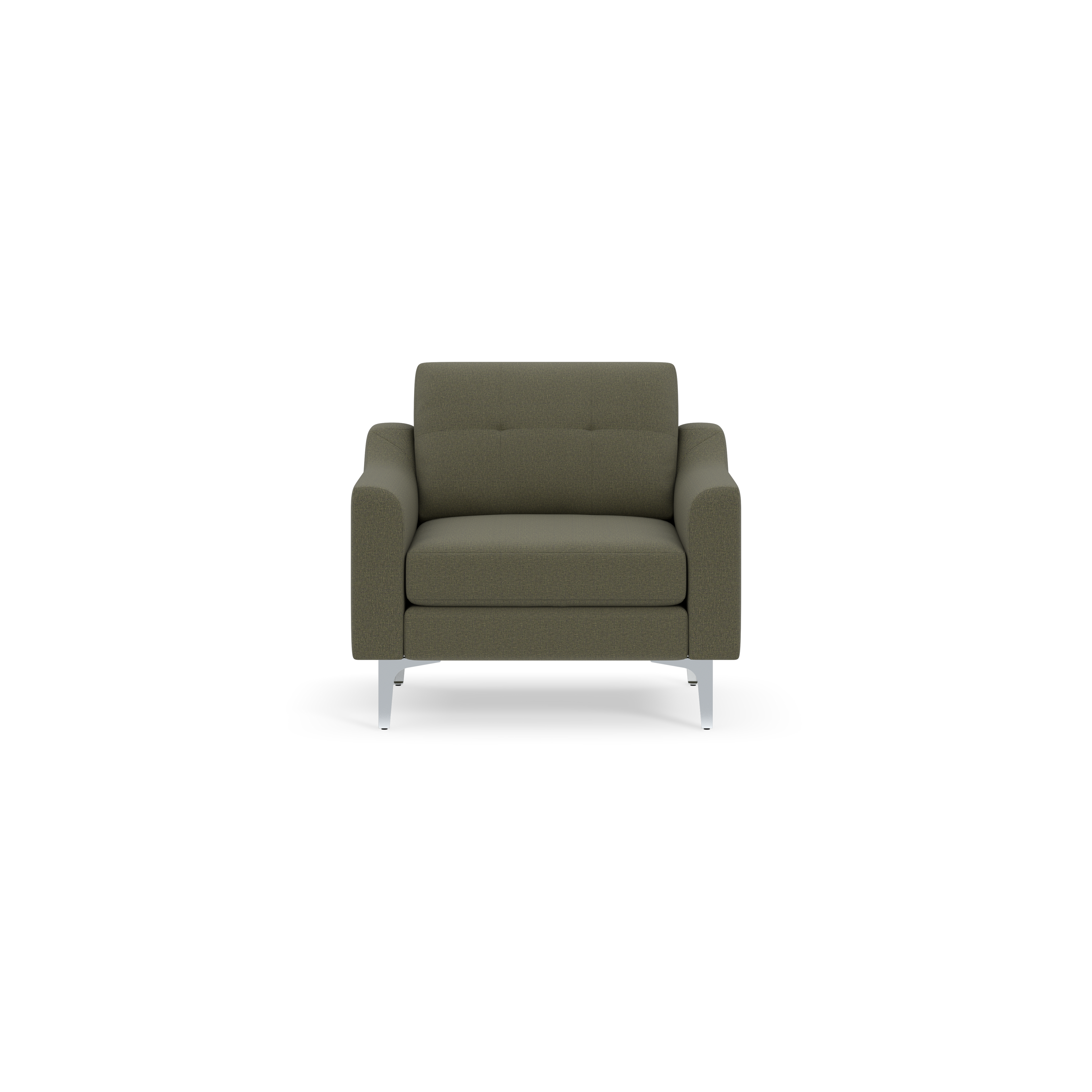 Modern Moss green armchair with metal legs and tufted backrest, designed for comfort and style.