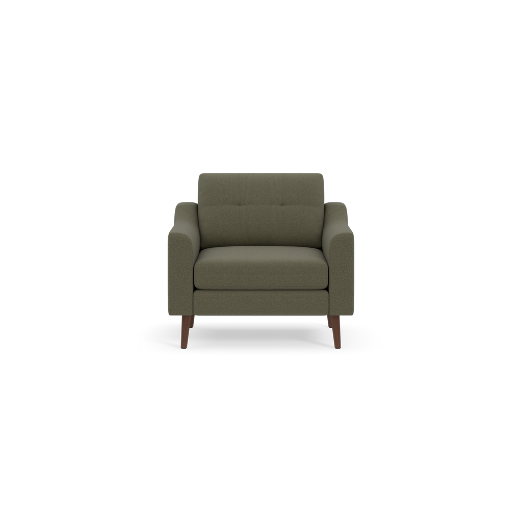 Front view of a modern Moss green upholstered armchair with wooden legs, padded armrests, and cushioned backrest.