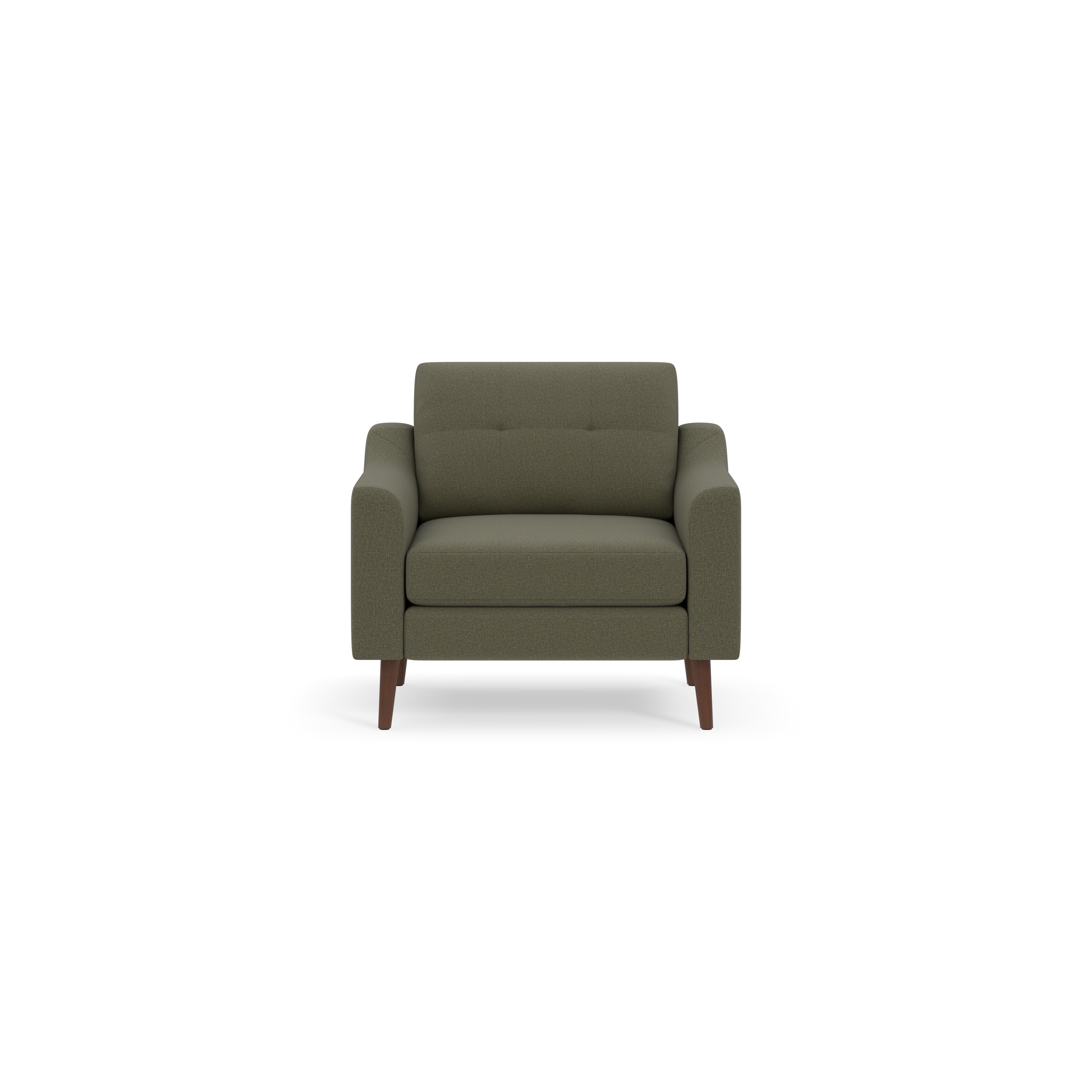 Front view of a modern Moss green upholstered armchair with wooden legs, padded armrests, and cushioned backrest.