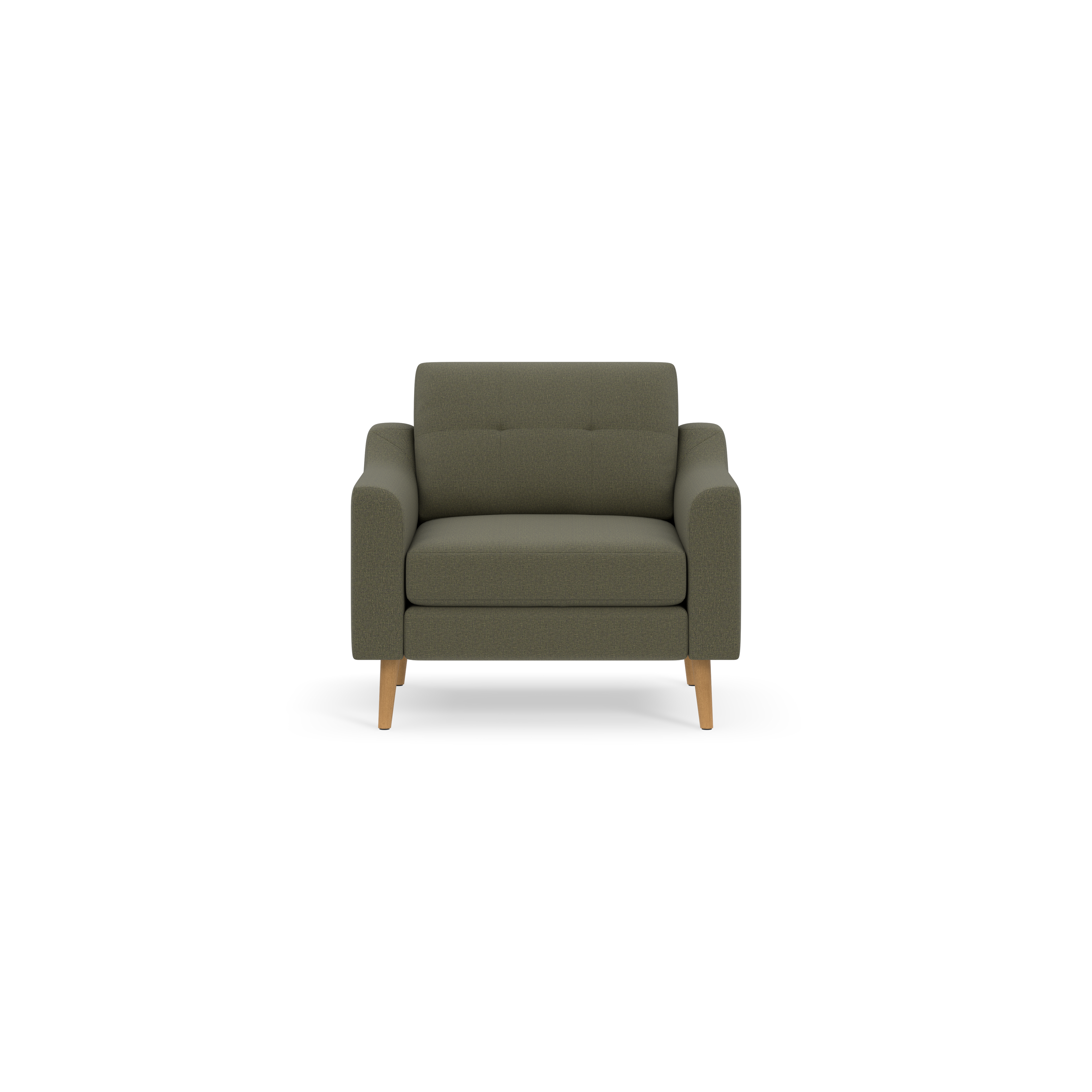 Modern Moss green upholstered armchair with wooden legs, tufted back cushion, and wide armrests, shown against black background.