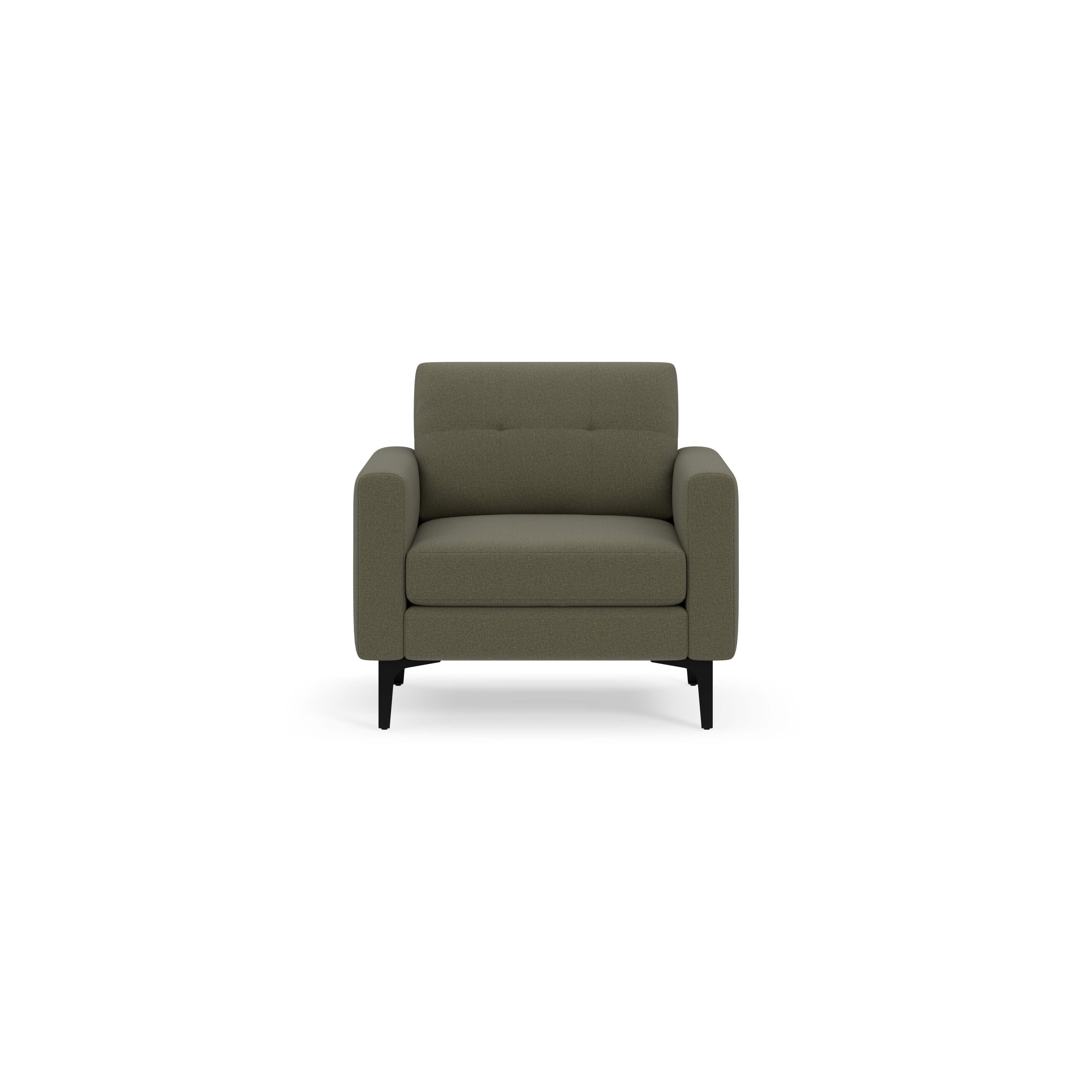 Modern Moss green upholstered armchair with tufted backrest and black tapered legs, shown against black background.