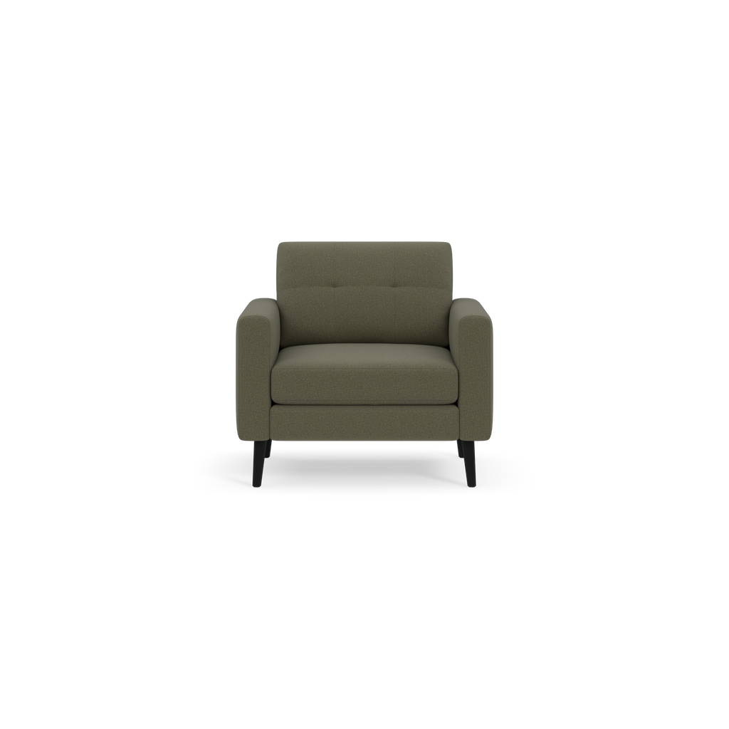 Modern Moss green single armchair with cushioned seat, tufted backrest, and black tapered legs on black background.