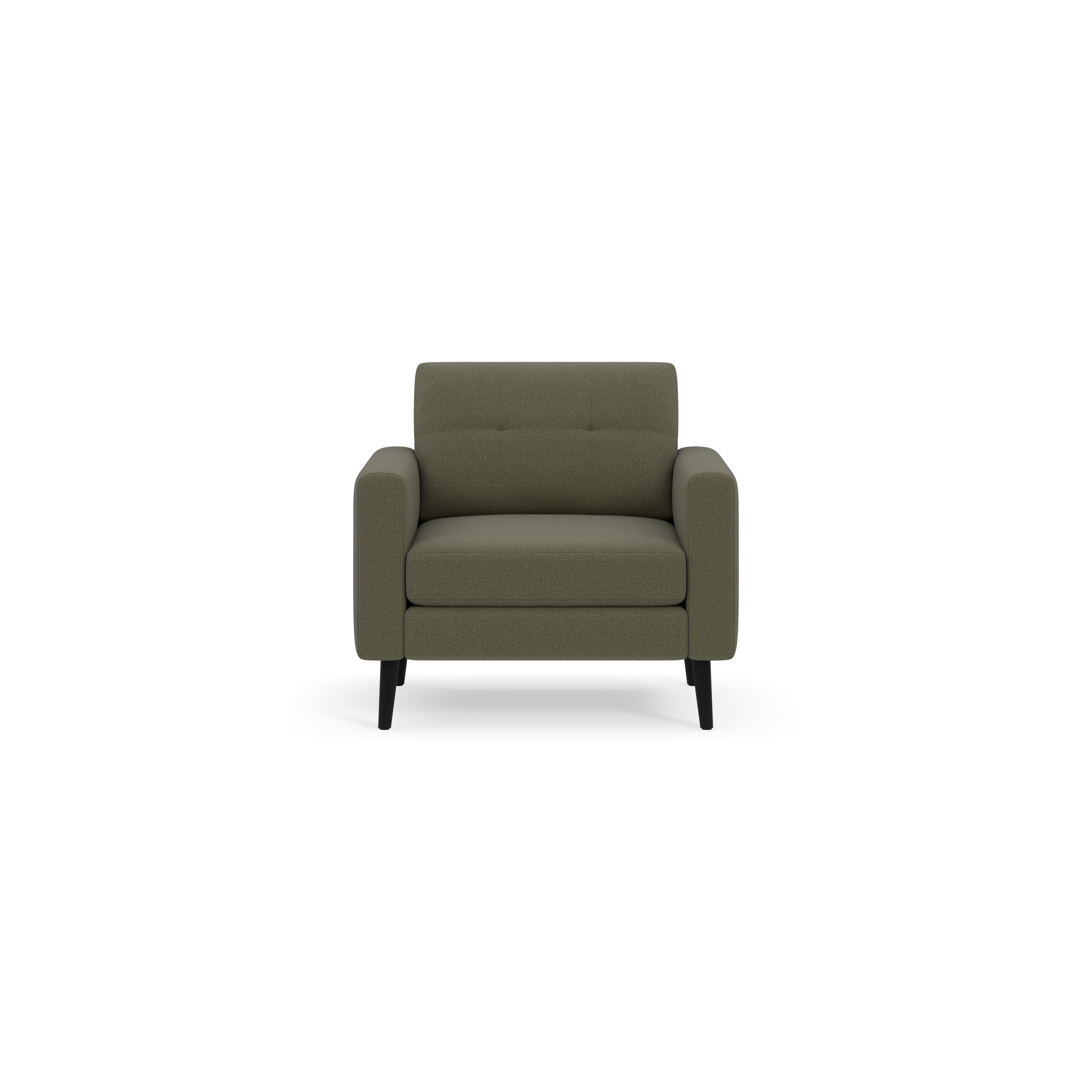 Modern Moss green single armchair with cushioned seat, tufted backrest, and black tapered legs on black background.