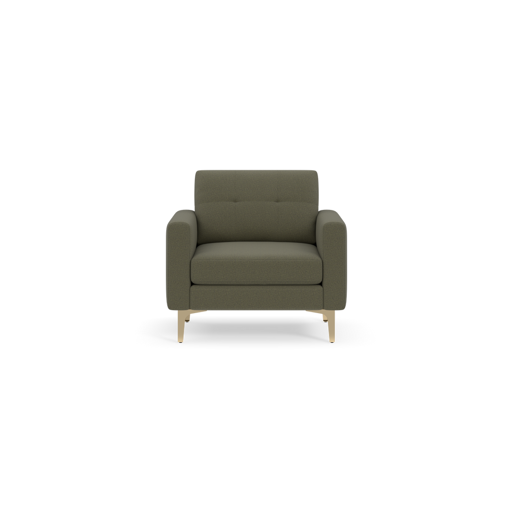 Front view of a modern Moss green armchair with tufted backrest, thick cushions, and light wooden legs on black background.