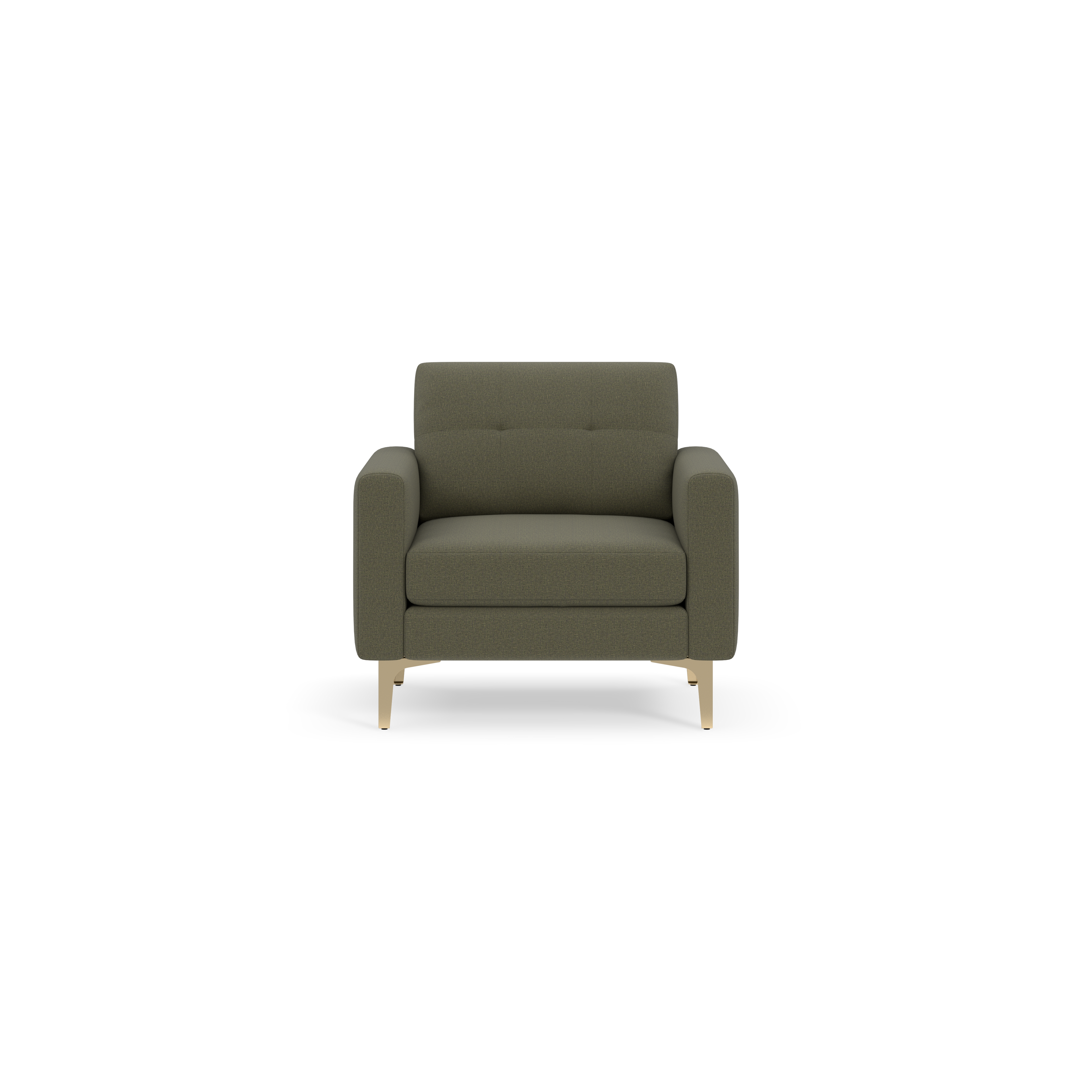 Front view of a modern Moss green armchair with tufted backrest, thick cushions, and light wooden legs on black background.