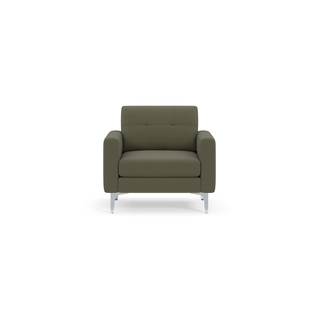 Modern Moss green armchair with cushioned seat, armrests, and silver metal legs on black background.