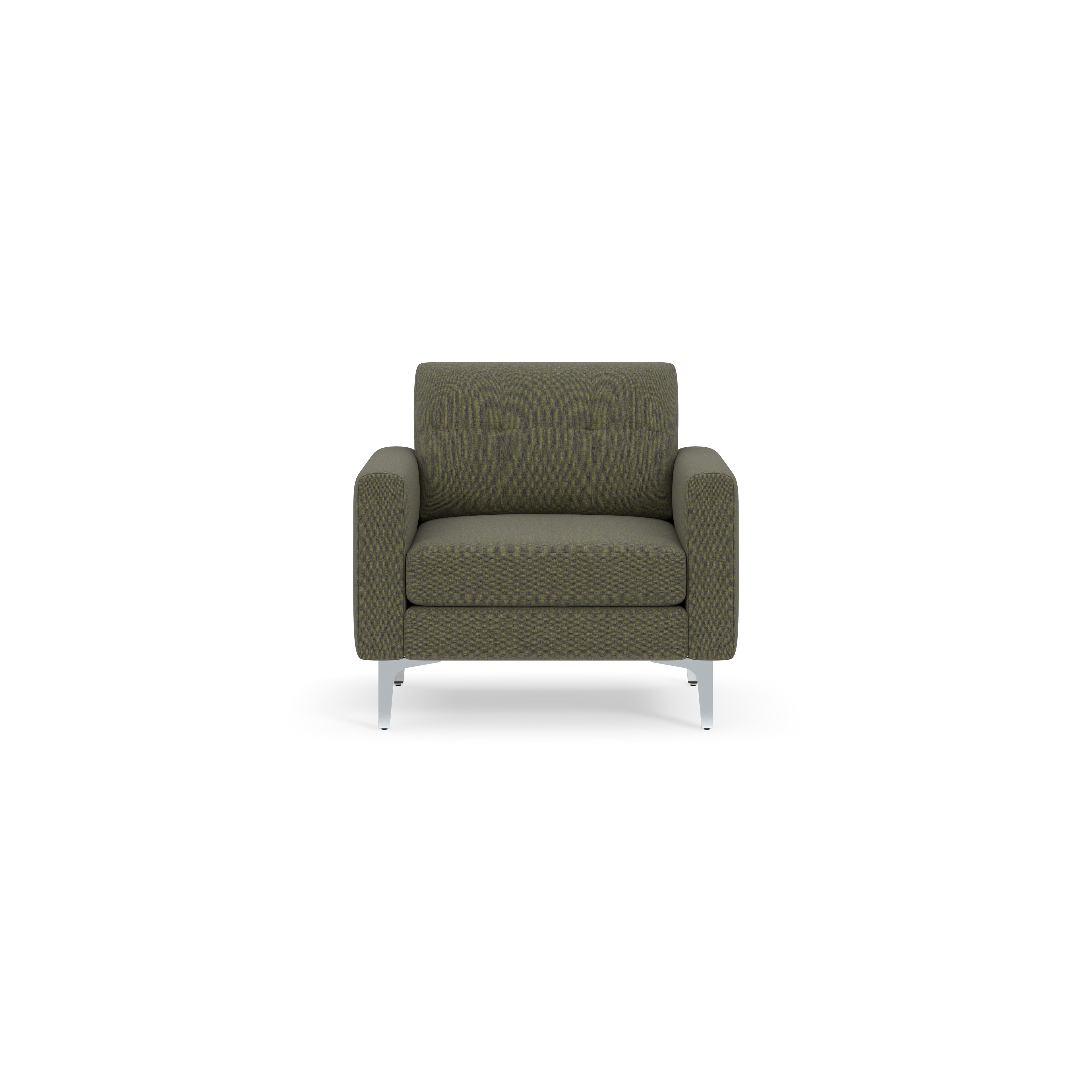 Modern Moss green armchair with cushioned seat, armrests, and silver metal legs on black background.