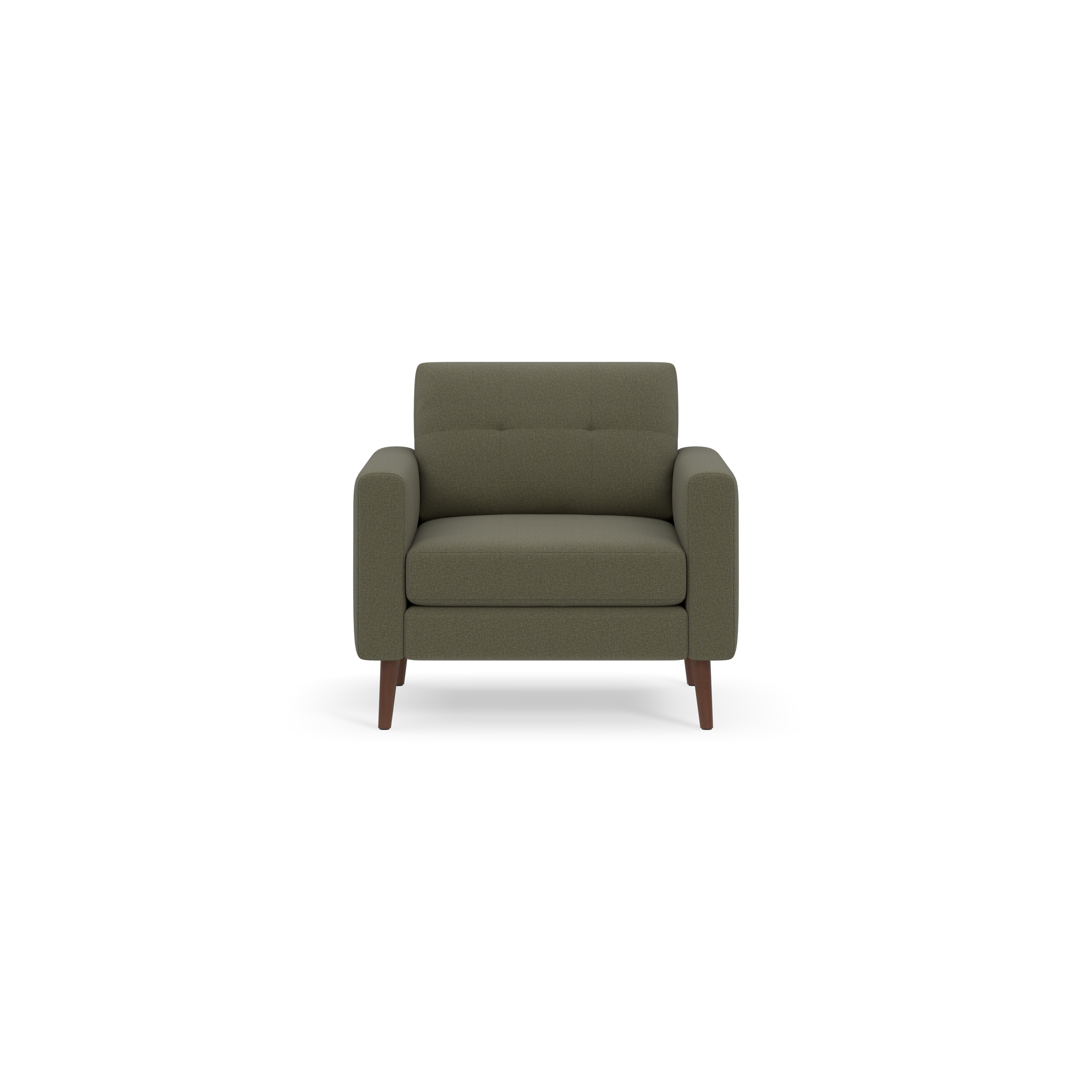Green upholstered armchair with wooden legs, featuring a cushioned seat and backrest with subtle button tufting.