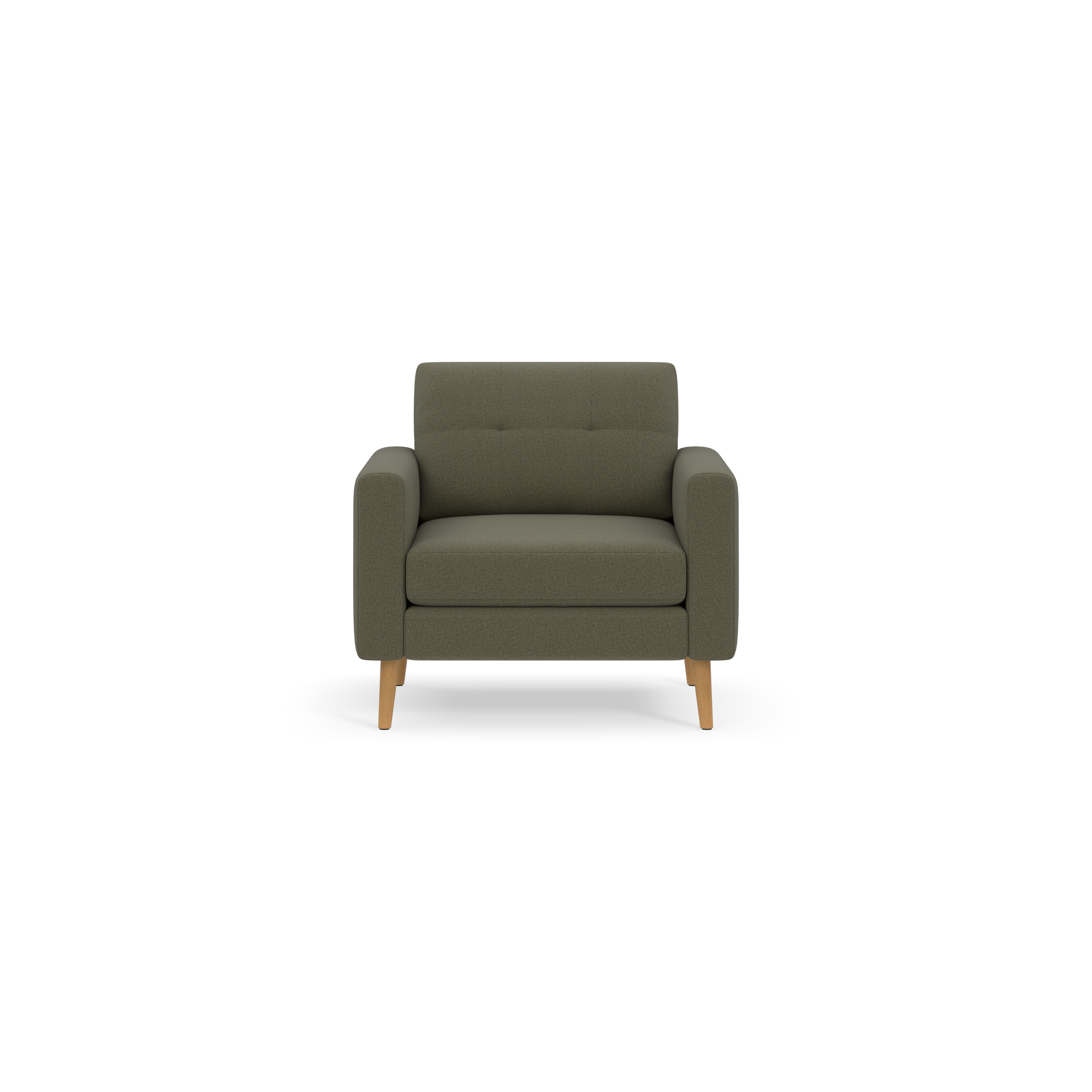 A modern olive-green armchair with padded seat, tufted backrest, and wooden legs, shown on black background.