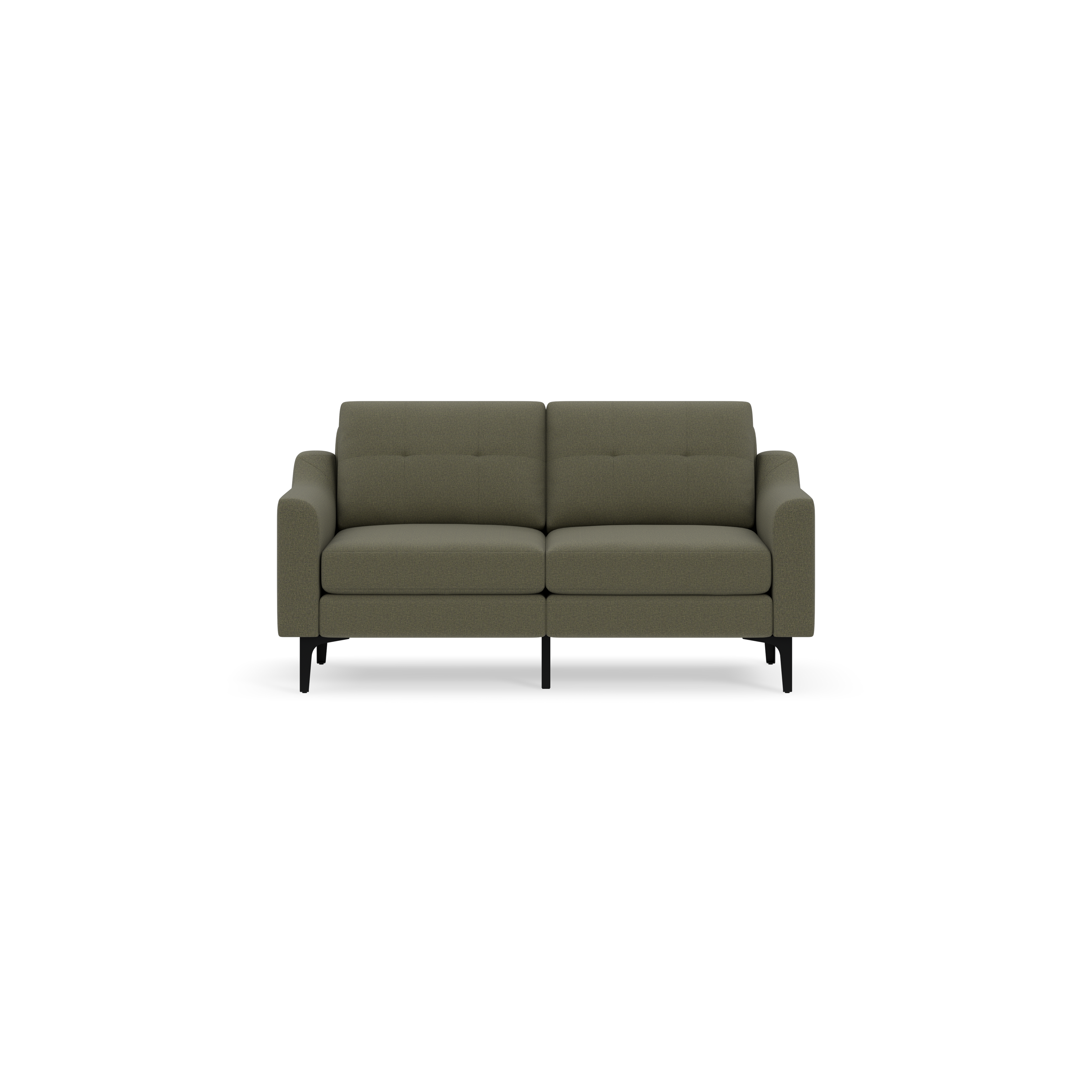 Modern Moss green two-seater sofa with slim armrests and black legs, featuring cushioned seat and backrest.